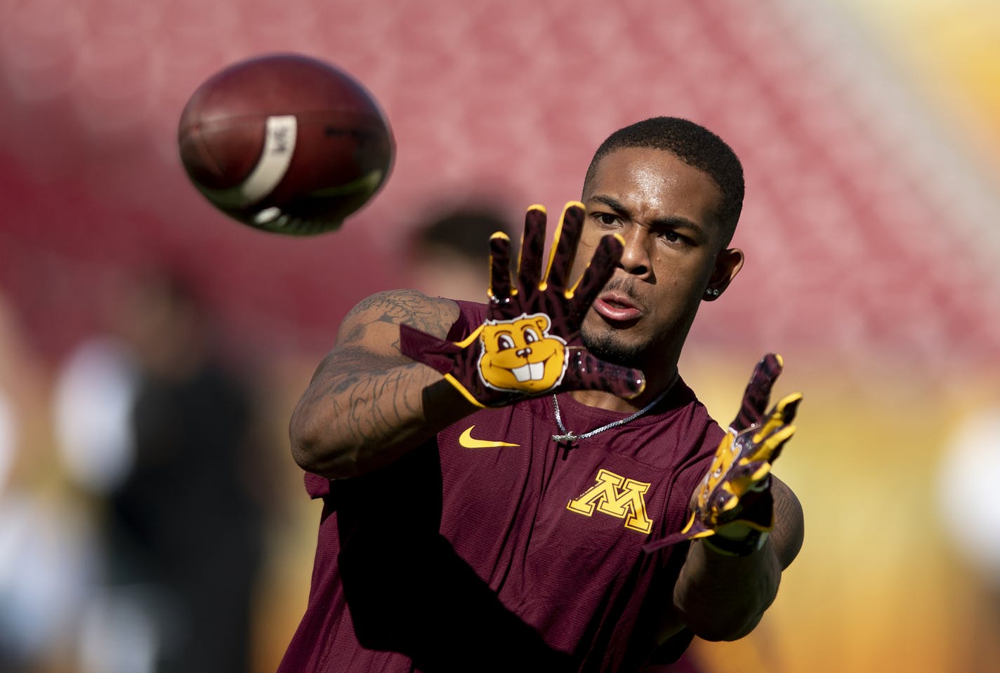 Minnesota Gophers wide receiver Rashod Bateman (13) warmed up before Wednesday's game against the Auburn Tigers. ] Aaron Lavinsky • aaron.lavinsky@startribune.com The Minnesota Gophers played the Auburn Tigers in the Outback Bowl on Wednesday, Jan. 1, 2020 at Raymond James Stadium in Tampa, Fla.