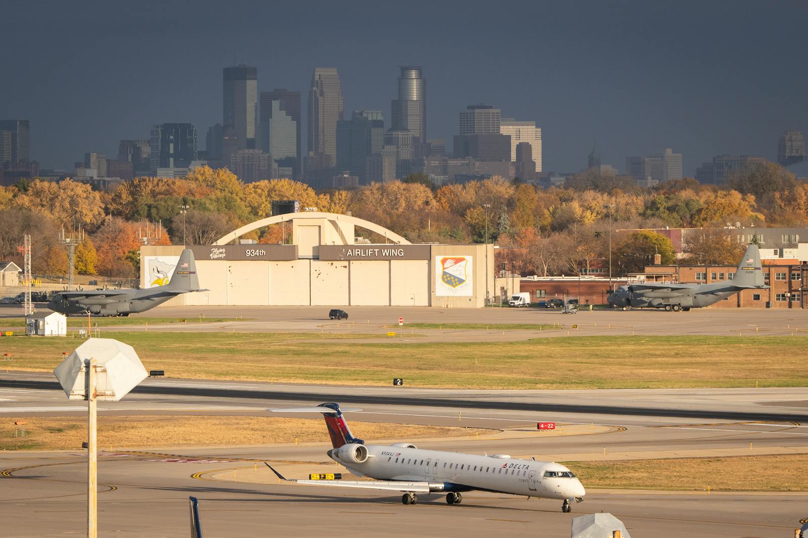 A Delta plane taxies after landing at Minneapolis-Saint Paul International Airport on Friday.