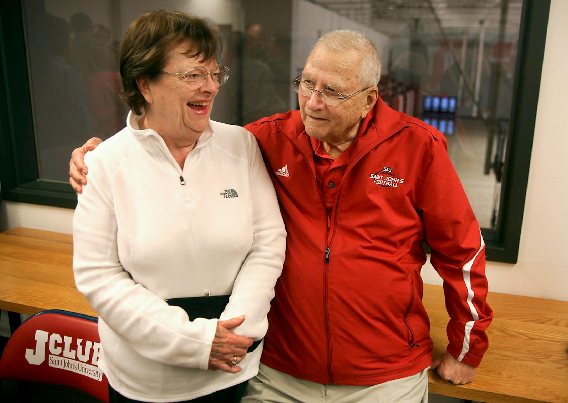 John Gagliardi, the winningest coach in college football history, joked with his wife, Peggy, after announcing his retirement from St. John's University.