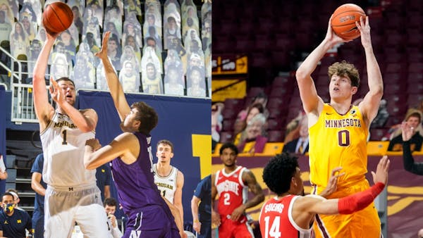 Gophers transfer Liam Robbins, right, has taken his place among the Big Ten’s best big men this season. Michigan’s Hunter Dickinson, left, is anot