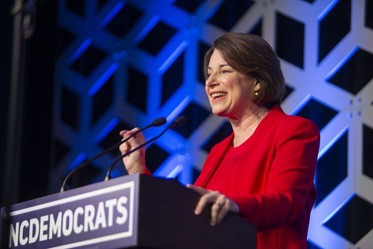 Democratic Presidential Candidate Sen. Amy Klobuchar, D-Minn, speaks at the Blue NC celebration at the Hilton Charlotte University Place in Charlotte, N.C., Saturday, Feb. 29, 2020.