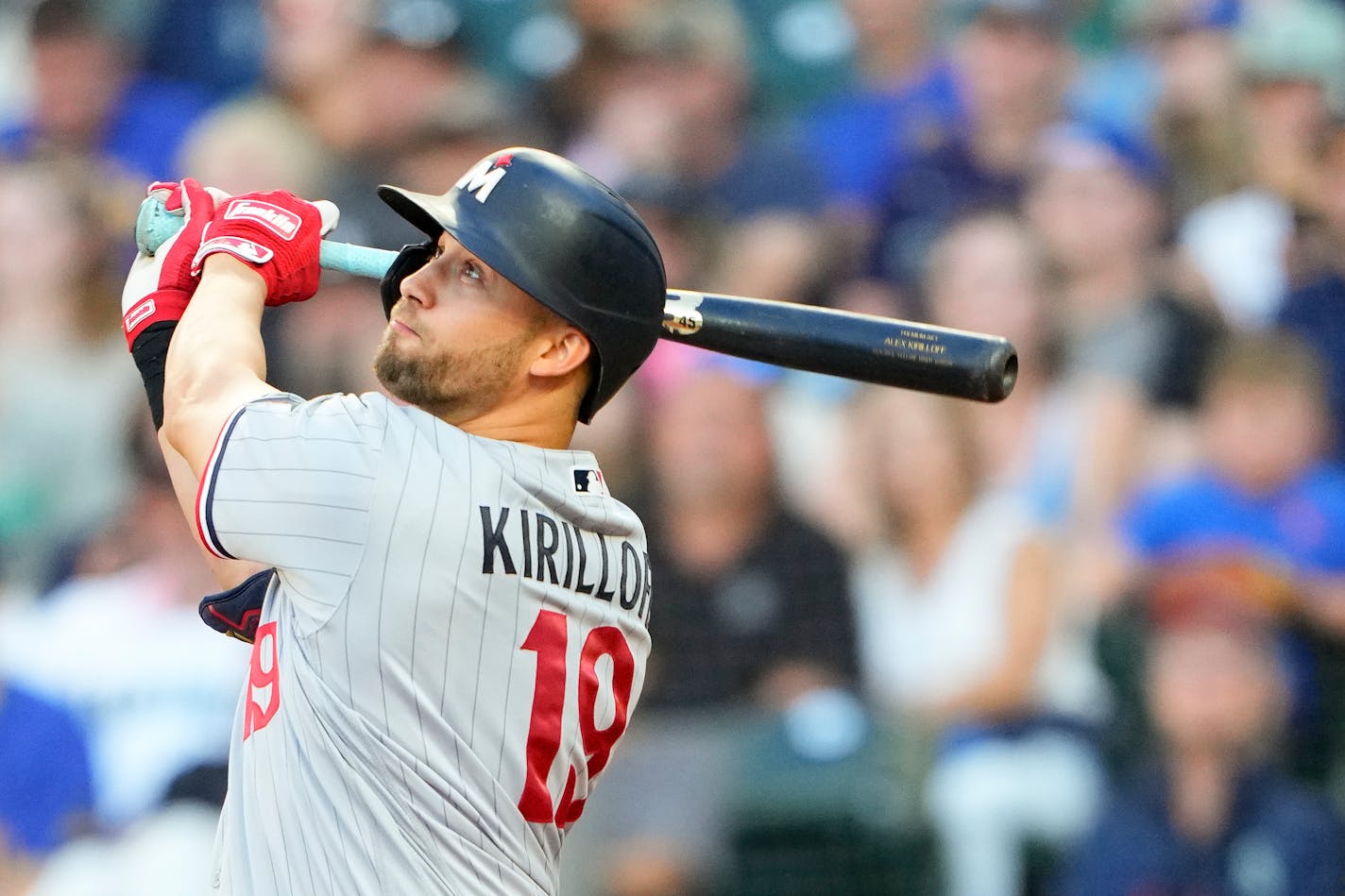 Minnesota Twins' Alex Kirilloff follows through against the Seattle Mariners during a baseball game, Tuesday, July 18, 2023, in Seattle. (AP Photo/Lindsey Wasson)