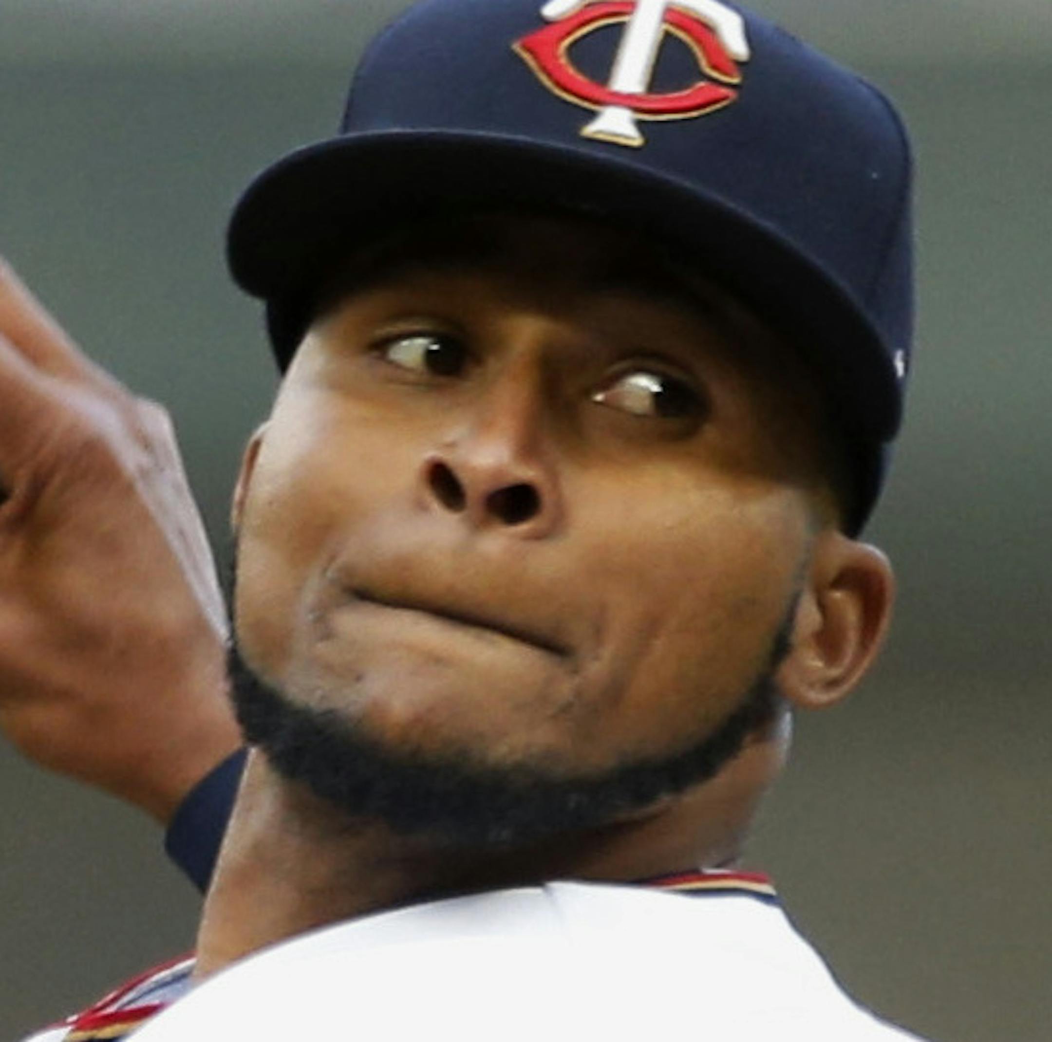 Minnesota Twins pitcher Ervin Santana throws against the Oakland Athletics in the first inning of a baseball game Tuesday, May 2, 2017, in Minneapolis. (AP Photo/Jim Mone)