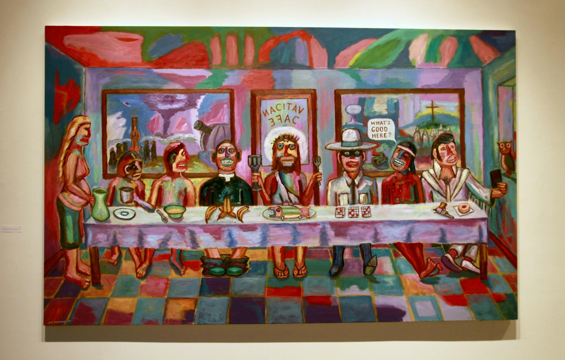COPY OF ORIGINAL ARTWORK - by artist Jim Denomie, - " Vatican Cafe " -60 x 96 " "- on display at the Bockley Gallery