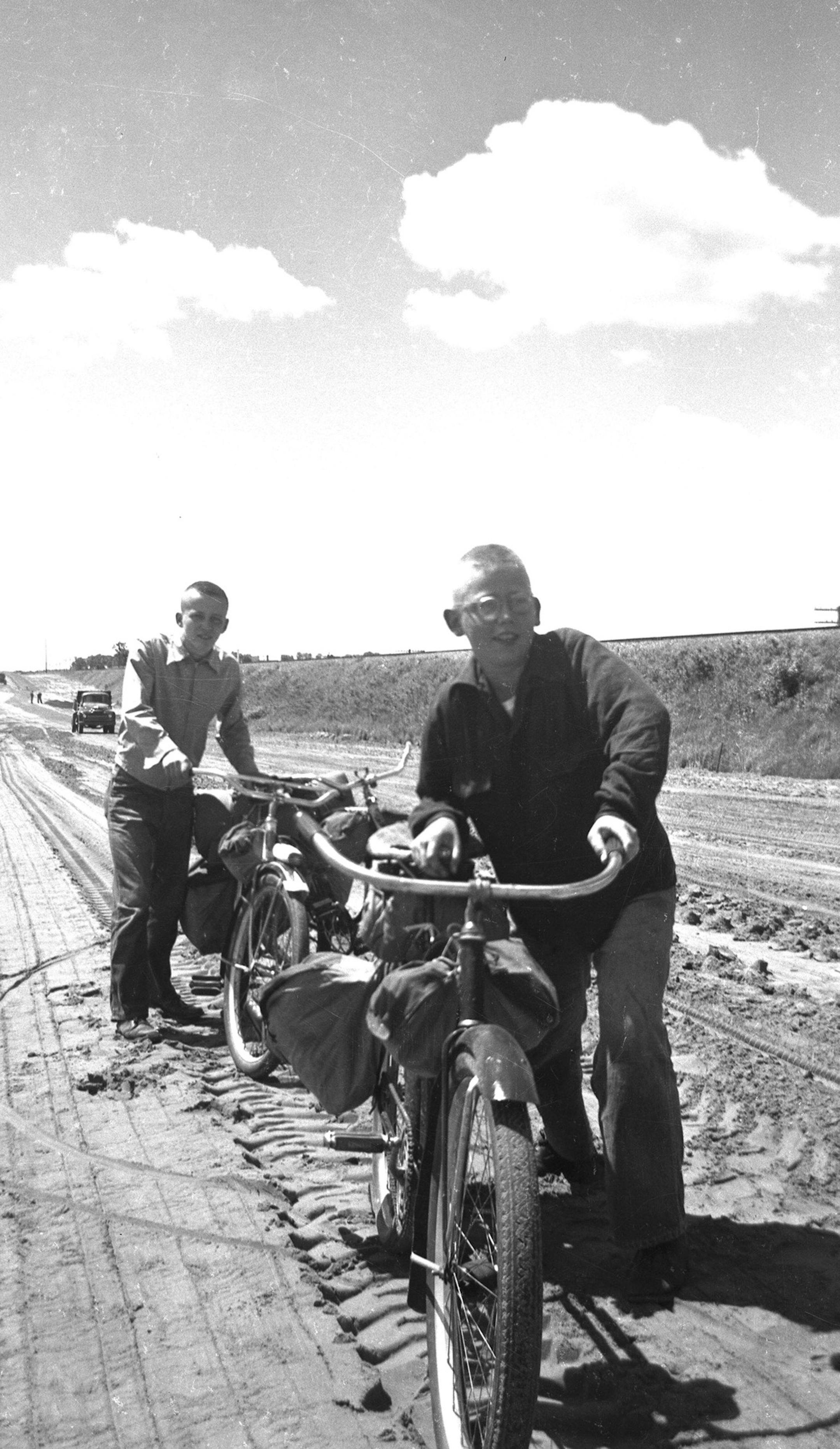 Arland Olafson, left, and Bill Englund during their bike trip odyssey with Dick Thorud.