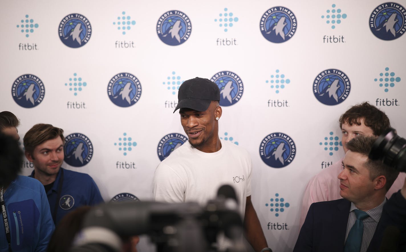 Injured Timberwolf Jimmy Butler spoke to the media for the first time since having surgery before Sunday night's game against the Rockets. ] JEFF WHEELER &#xef; jeff.wheeler@startribune.com The Minnesota Timberwolves faced the Houston Rockets in an NBA basketball game Sunday night, March 18, 2018 at Target Center in Minneapolis.