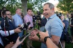 U.S. Rep. John Curtis speaks with reporters after his win during an election night party on June 25 in Provo, Utah. Curtis has won the Utah GOP primar