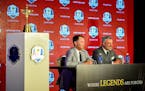 Ryder Cup captains Davis Love III and Darren Clarke spoke at a press conference at Hazeltine National Golf Club, home of the 2016 Ryder Cup.