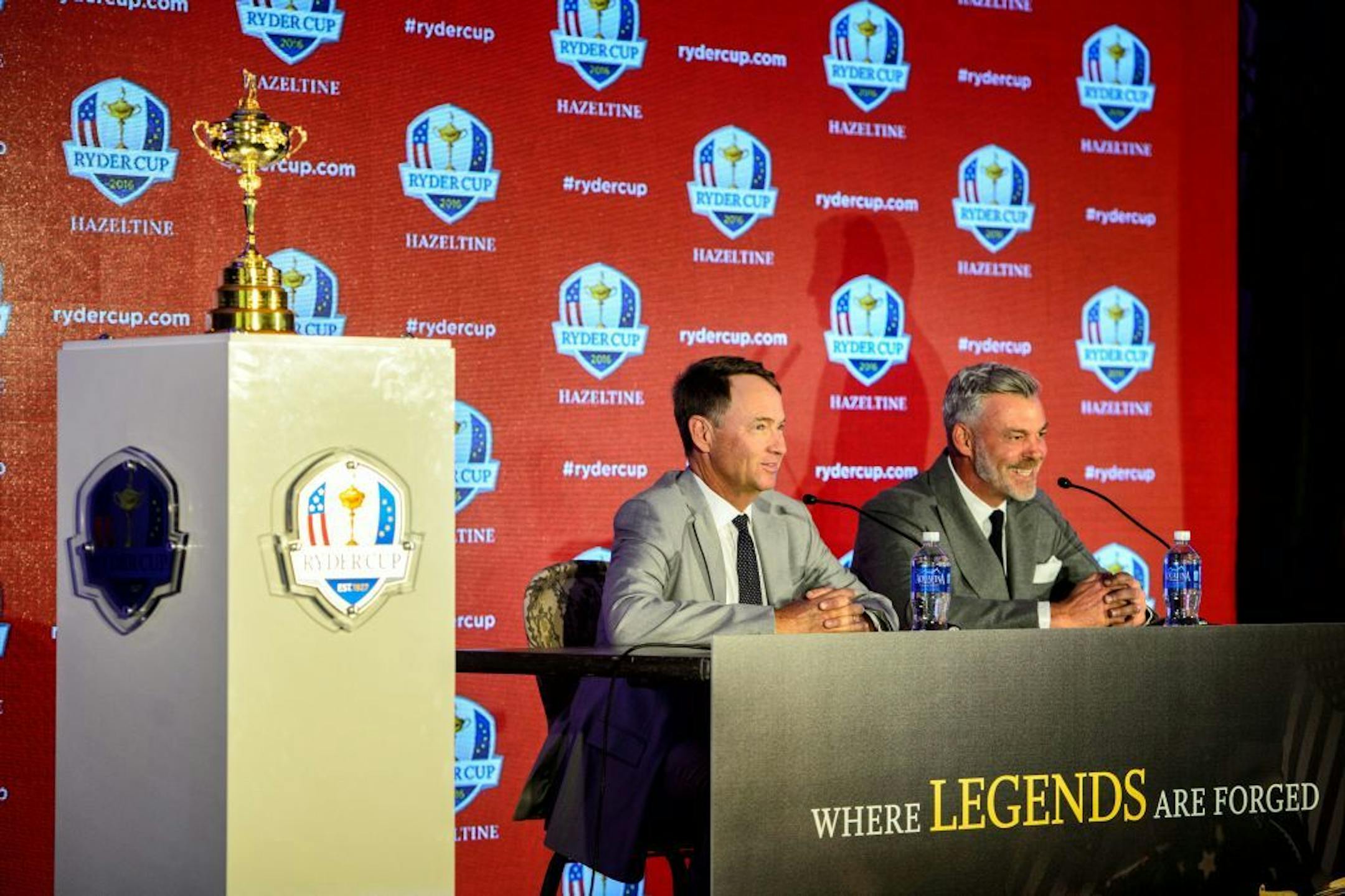 Ryder Cup captains Davis Love III and Darren Clarke spoke at a press conference at Hazeltine National Golf Club, home of the 2016 Ryder Cup.