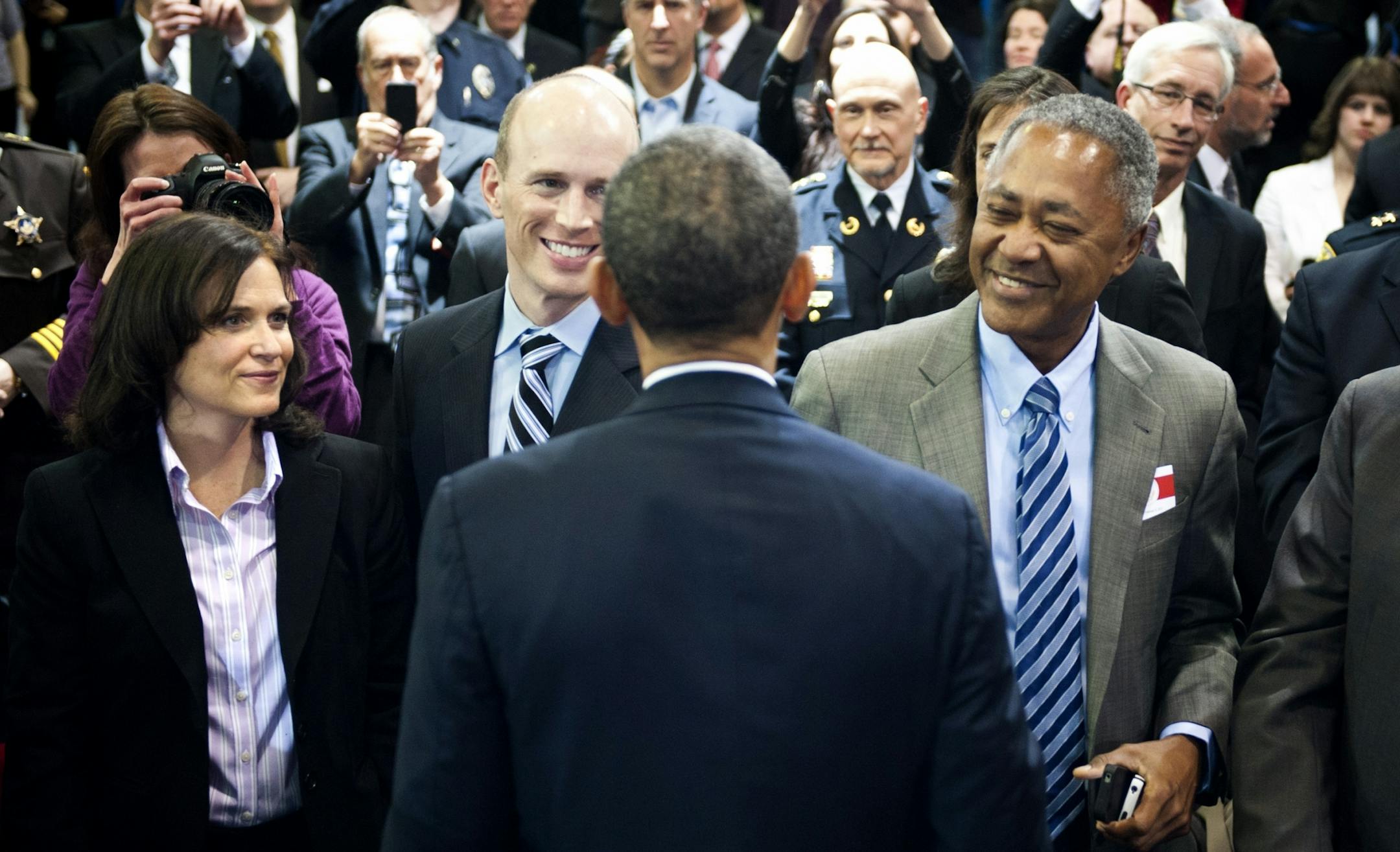 President Obama greeted the three Minneapolis mayoral hopefuls, Betsy Hodges, Gary Schiff and Don Samuels. President Barack Obama visited Minneapolis to rally support from the public and law enforcement community for his calls to ban assault weapons and install universal background checks for gun buyers. Monday, February 4, 2013