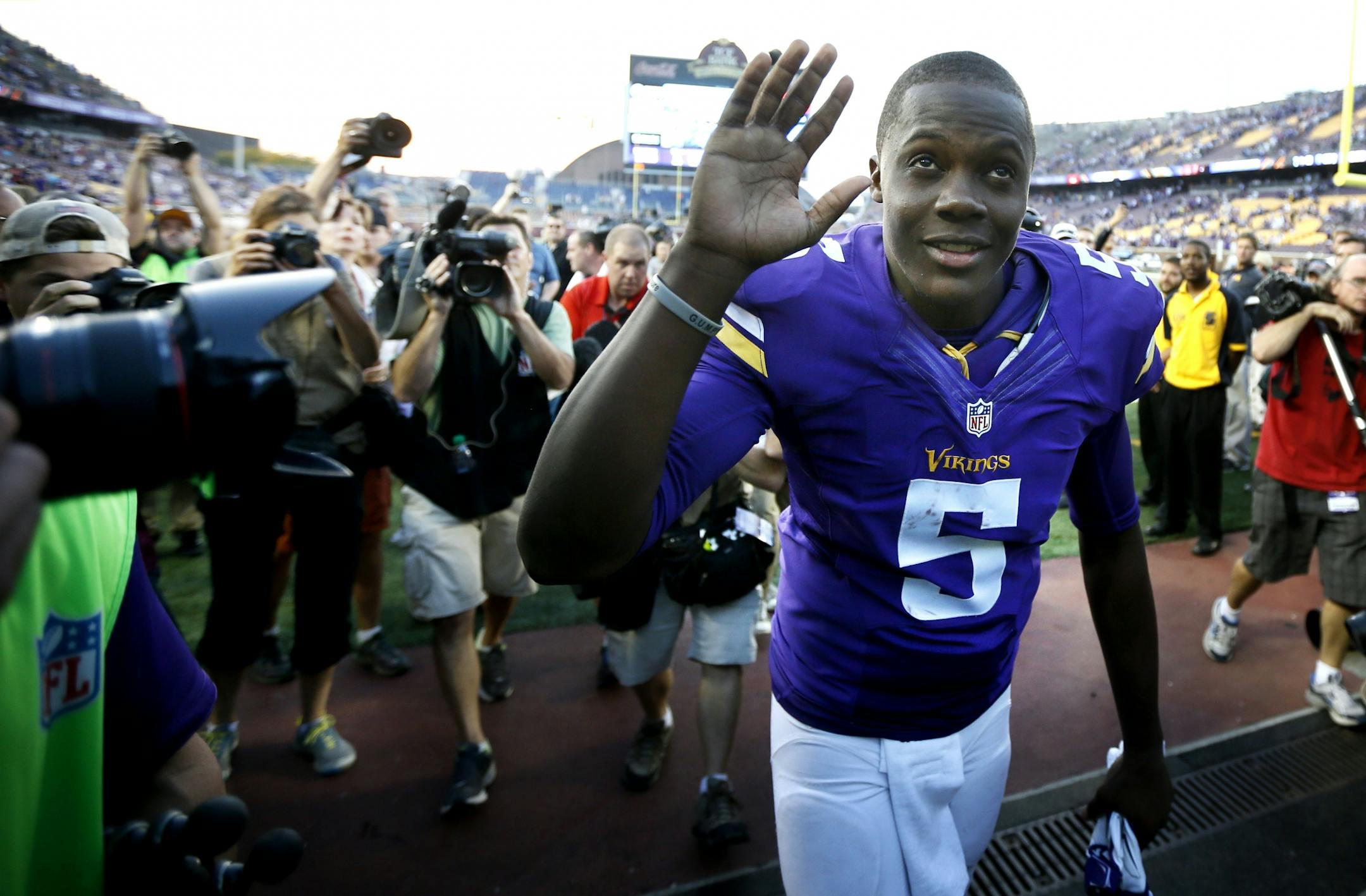 Minnesota Vikings quarterback Teddy Bridgewater (5) left the field after the Vikings beat Atlanta 41-28.The Minnesota Vikings played the Atlanta Falcons at TCF Bank Stadium Sunday September 28 , 2014 in Minneapolis ,MN.