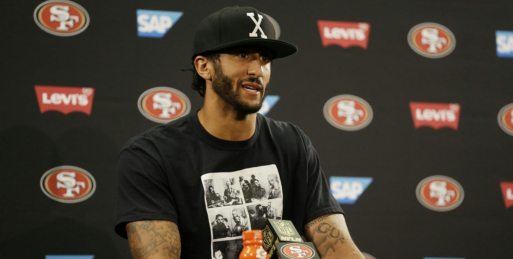 San Francisco 49ers quarterback Colin Kaepernick answers questions at a news conference after an NFL preseason football game against the Green Bay Packers Friday, Aug. 26, 2016, in Santa Clara, Calif. Green Bay won the game 21-10. (AP Photo/Ben Margot)