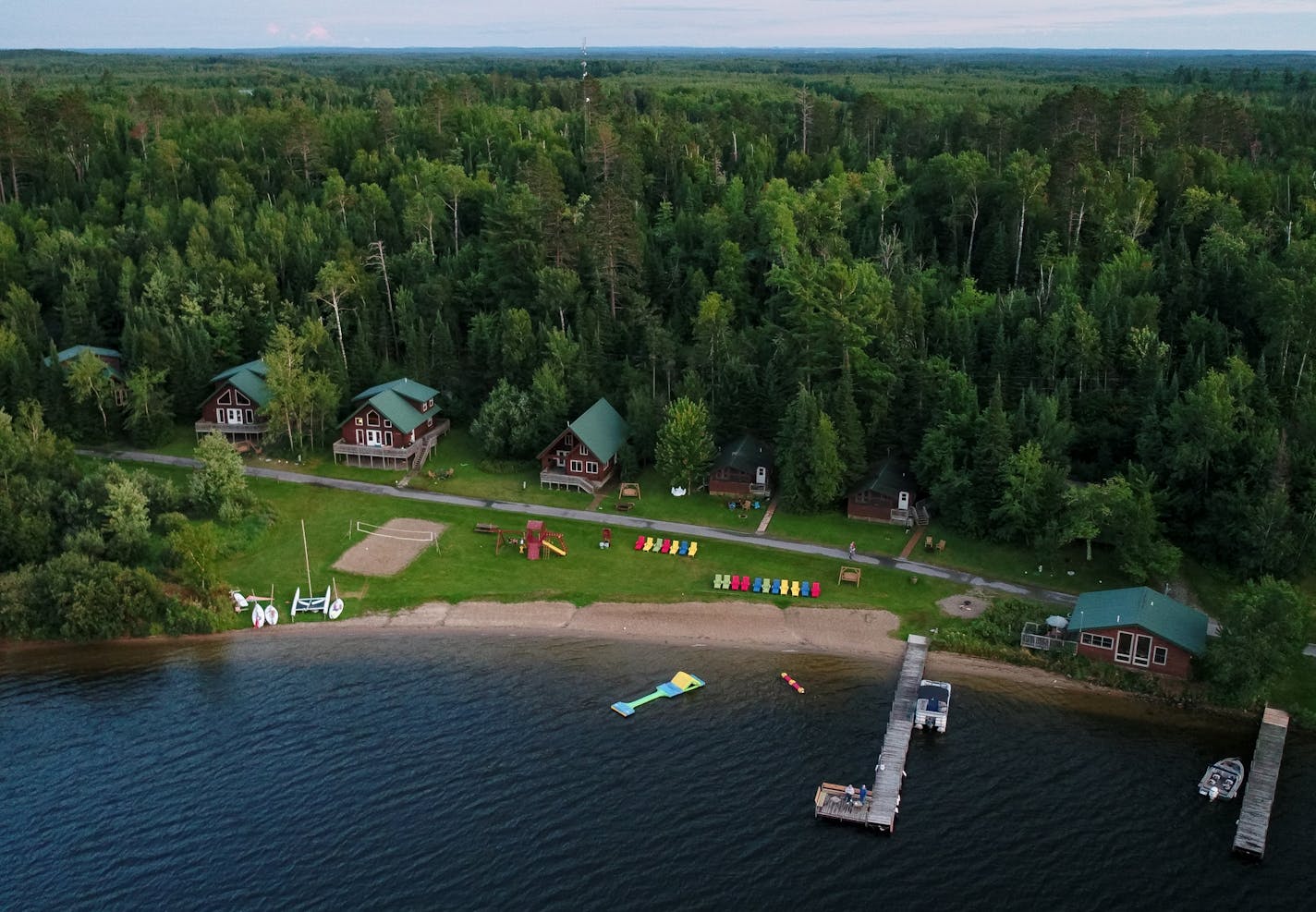 An aerial view of Pehrson Lodge Resort's waterfront.