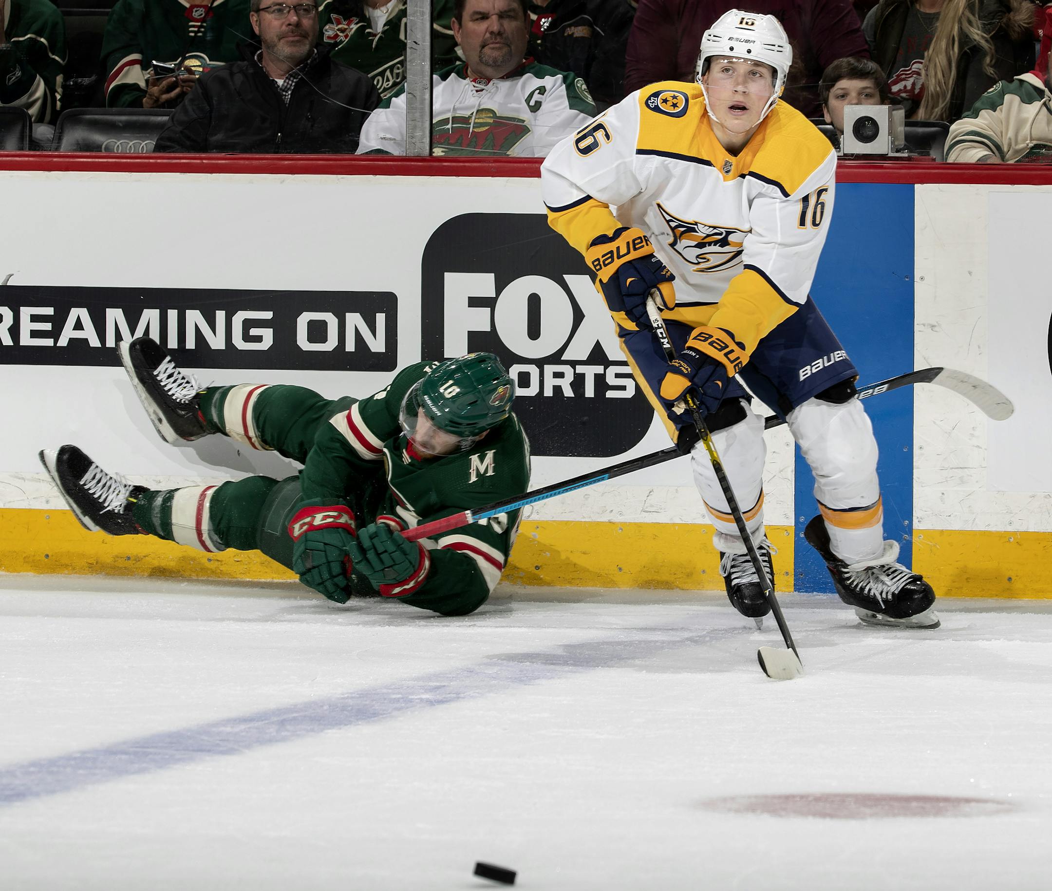 Former University of Minnesota Gopher Rem Pitlick playing in his first NHL game for the Nashville Predators. ] CARLOS GONZALEZ &#x2022; cgonzalez@startribune.com &#x2013; St. Paul, MN &#x2013; March 25, 2019, Xcel Energy Center, NHL, Hockey, Minnesota Wild vs. Nashville Predators