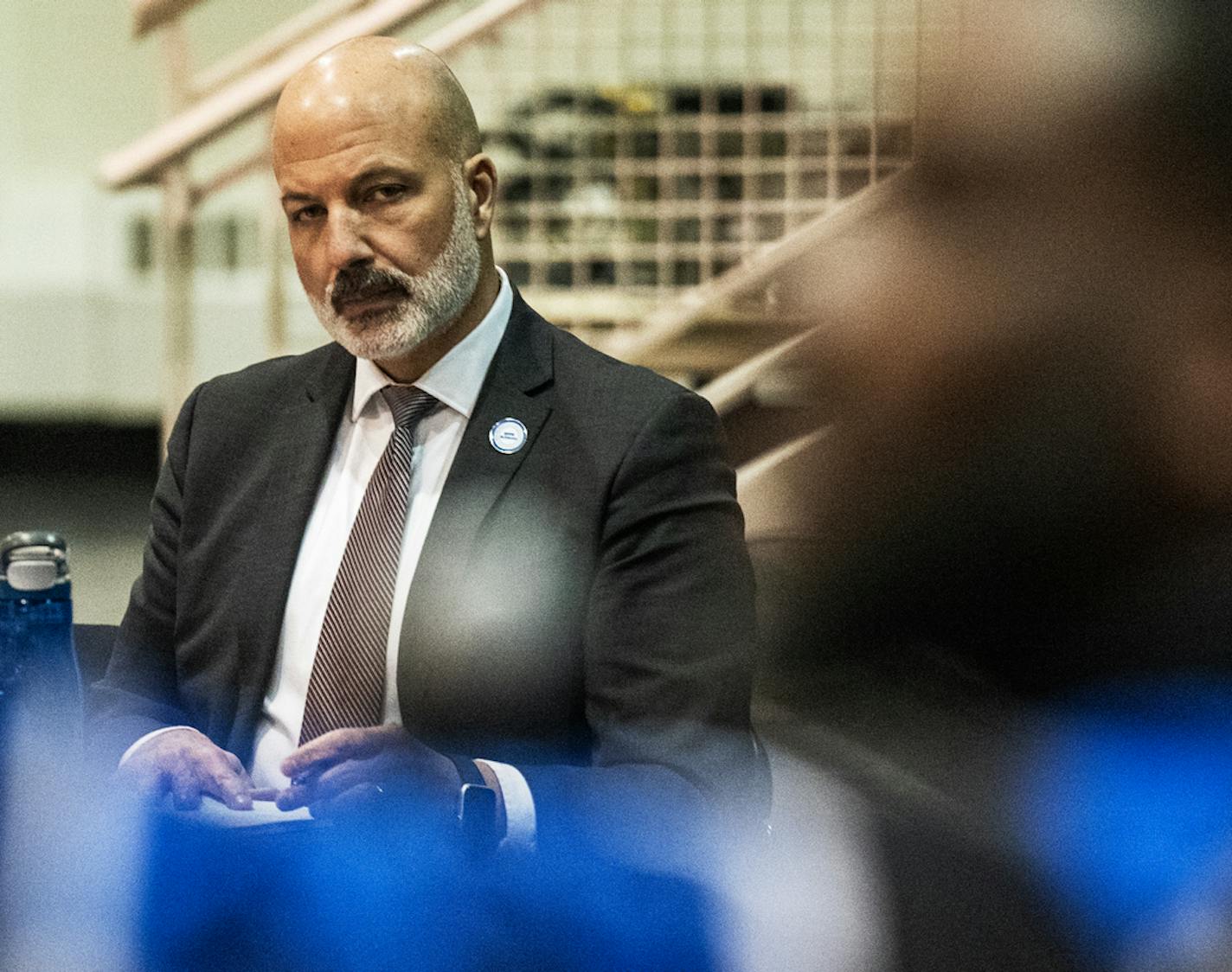 Superintendent Joe Gothard listens as Henry Scott speaks up about his 15-year old cousin Devin Scott who was just buried after being stabbed to death at Harding High School in St. Paul, Minn., on Tuesday, Feb. 28, 2023. Families will have a chance to address the board directly on the subject of school safety in St. Paul schools in what are likely to be tense exchanges after a series of violent incidents across the district.] RICHARD TSONG-TAATARII • richard.tsong-taatarii @startribune.com