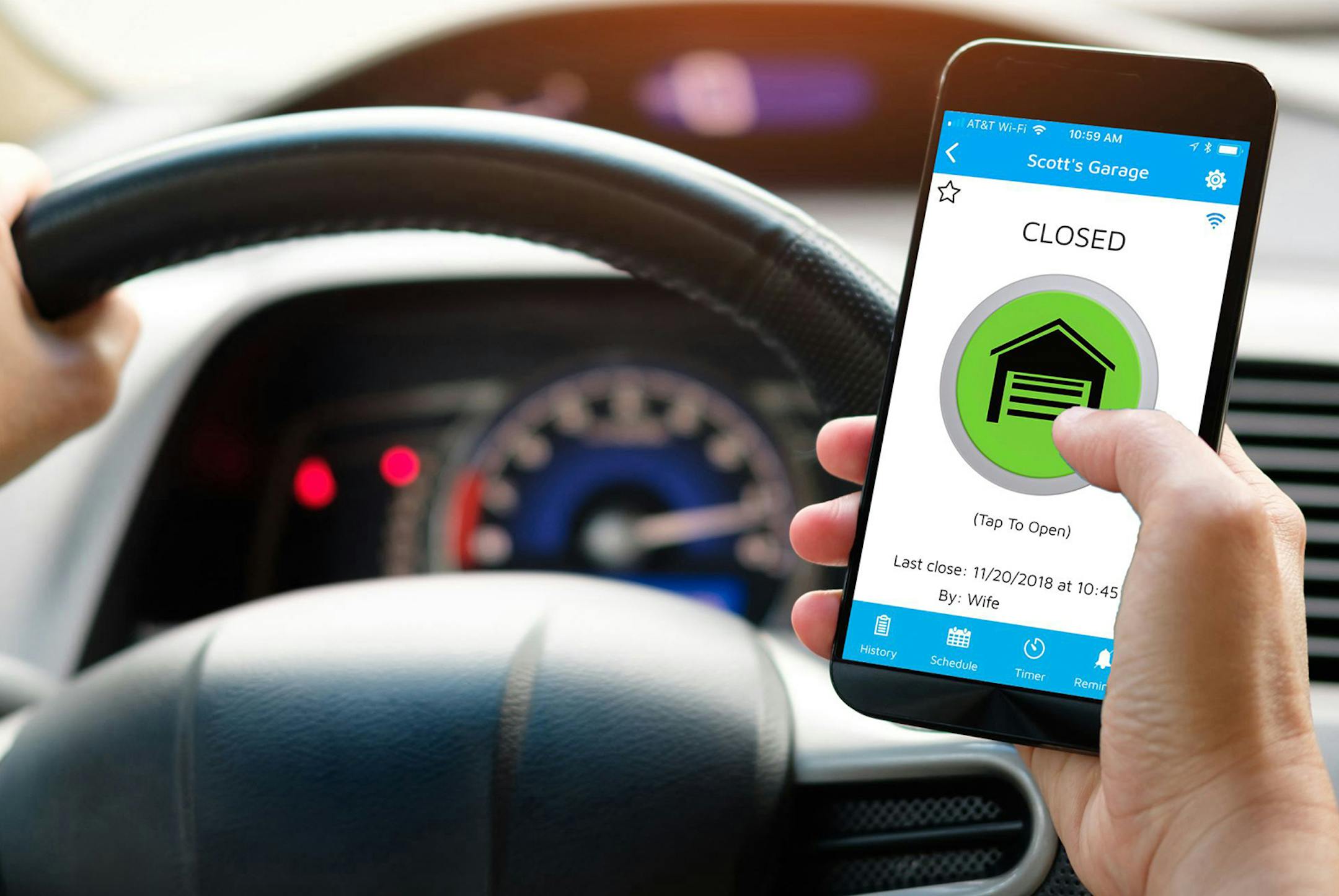 The Nexx NXG-200 smart garage controller lets you open or close your garage door from anywhere by just tapping the garage door icon in the center of the app. (Handout/TNS) ORG XMIT: 1641943
