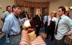 CA.WESTWING.3.0916.LH--Aaron Sorkin,left, foreground) screenwriter turned TV writer on the set of West Wing during rehearsal with the cast including a