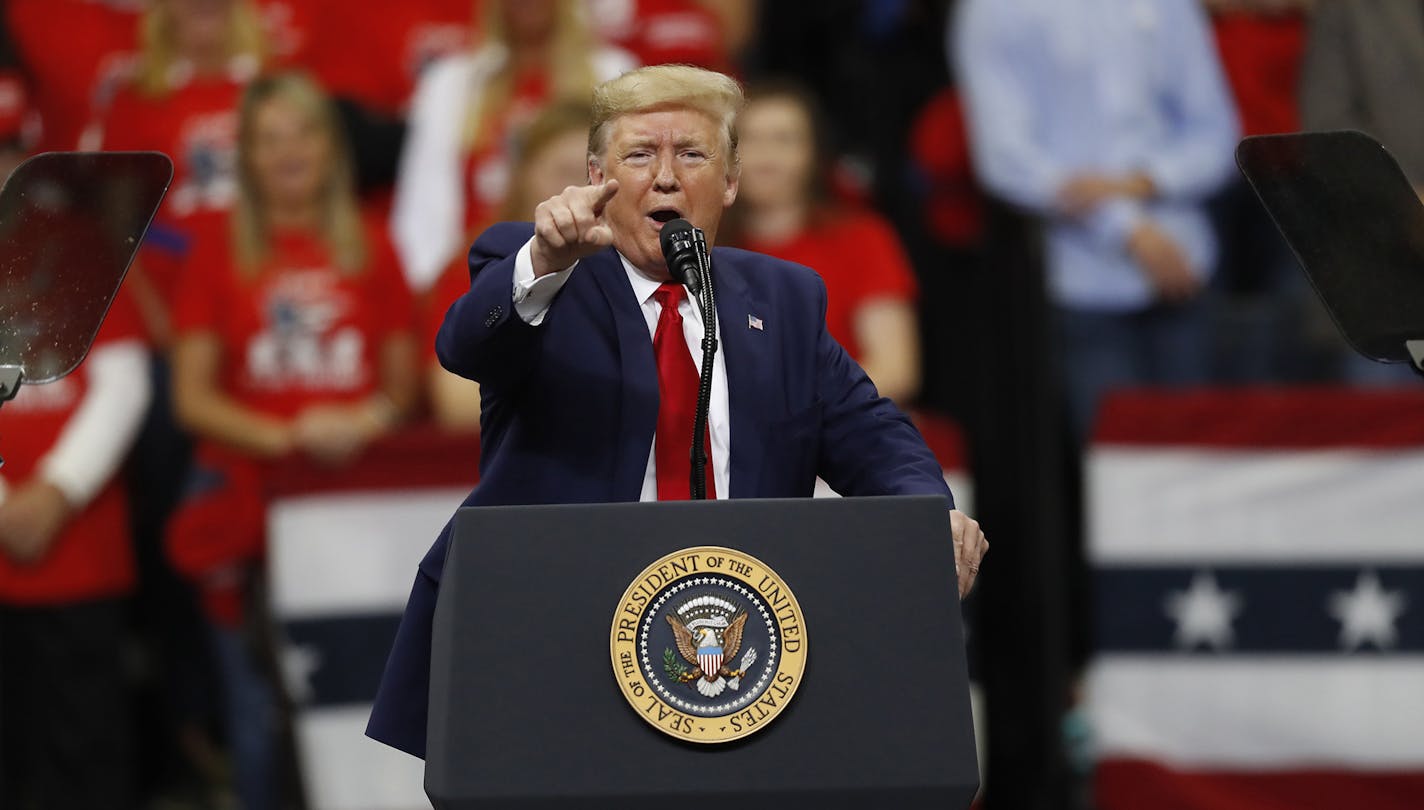 President Donald Trump addresses supporters during a campaign rally at the Target Center in Minneapolis on Thursday, Oct. 10, 2019. (Richard Tsong-Taatarii/Minneapolis Star Tribune/TNS) ORG XMIT: 1456889