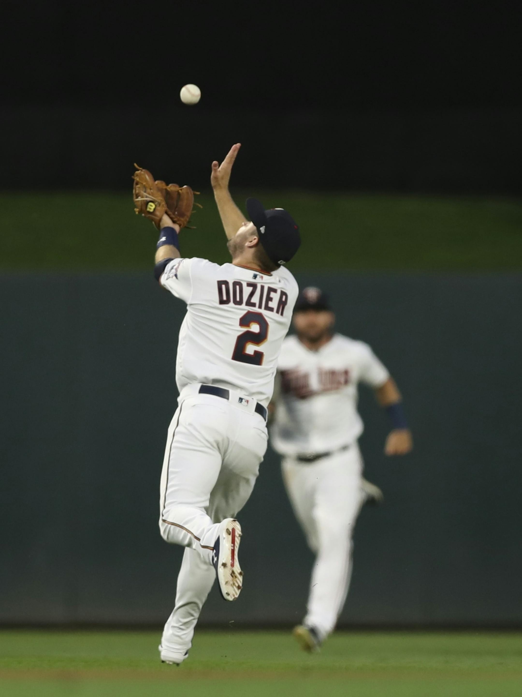 Minnesota Twins second baseman Brian Dozier made an over the shoulder catch of a pop fly by Orioles right fielder Danny Valencia in the seventh inning.