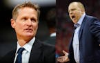 Golden State coach Steve Kerr, left, has no desire to add a general manager's duties to his workload, unlike Wolves basketball boss Tom Thibodeau, rig