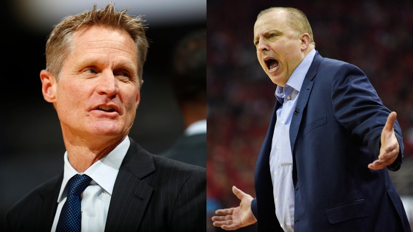 Golden State coach Steve Kerr, left, has no desire to add a general manager's duties to his workload, unlike Wolves basketball boss Tom Thibodeau, right.