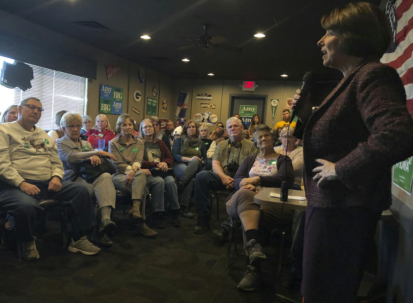 Democratic presidential candidate Amy Klobuchar speaks to voters in Algona, Iowa, Friday, Dec. 27, 2019. The stop was among three Friday in rural counties as the Minnesota senator completed her tour of all 99 Iowa counties (AP Photo/Sara Burnett)