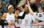 Lynx forward Maya Moore high five teammates as she came off the floor late in the fourth quarter against Seattle earlier this season.