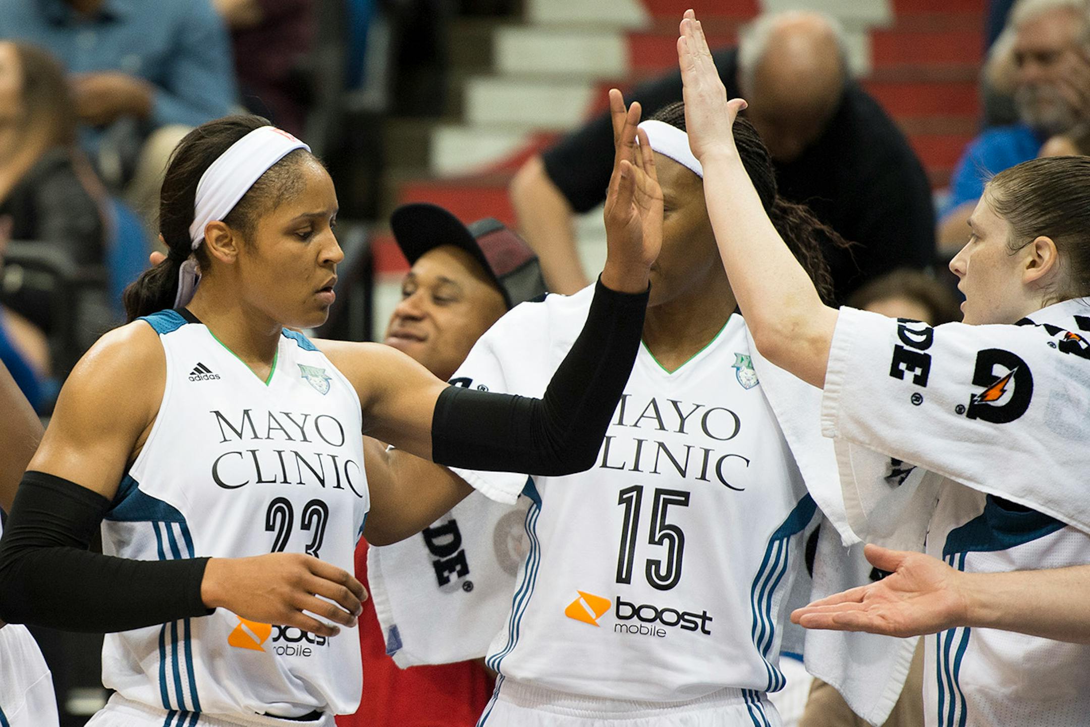 Lynx forward Maya Moore high five teammates as she came off the floor late in the fourth quarter against Seattle earlier this season.