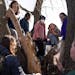 A group of girls ages 10-13 listen to naturalist Mary Dybvig, right, talk about interesting facts about trees as they climbed a willow tree during the
