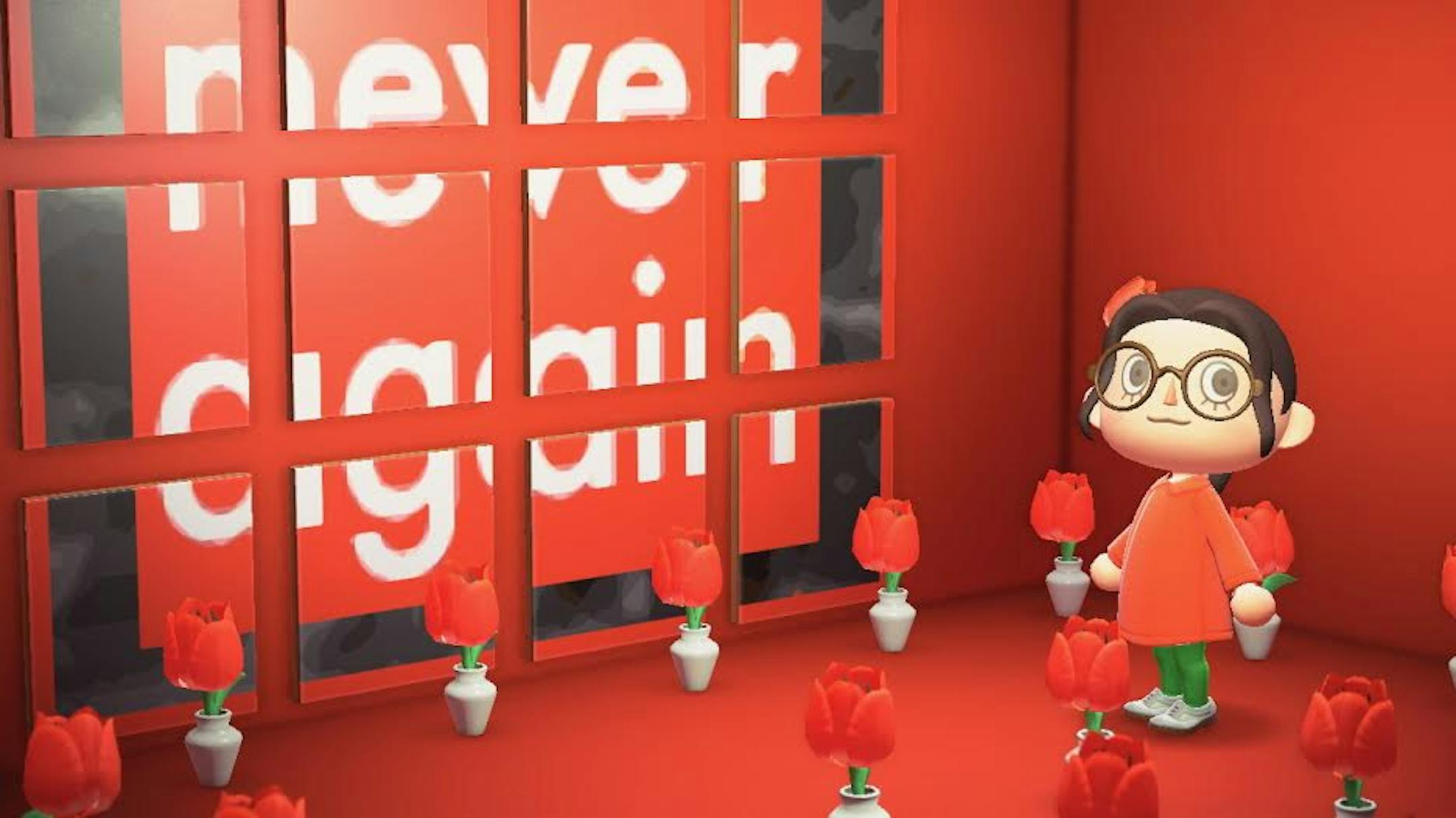 Mark Schoening's "The Red Tulip Glitch Memorial" at the Museum of Contemporary Art Kittengale (MoCAK) in "Animal Crossing: New Horizons."