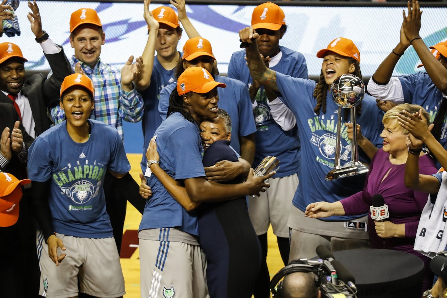 The Lynx celebrated their WNBA Finals win at Williams Arena on Wednesday. Lynx center Sylvia Fowles, named MVP, hugged WNBA president Lisa Borders after receiving the trophy.