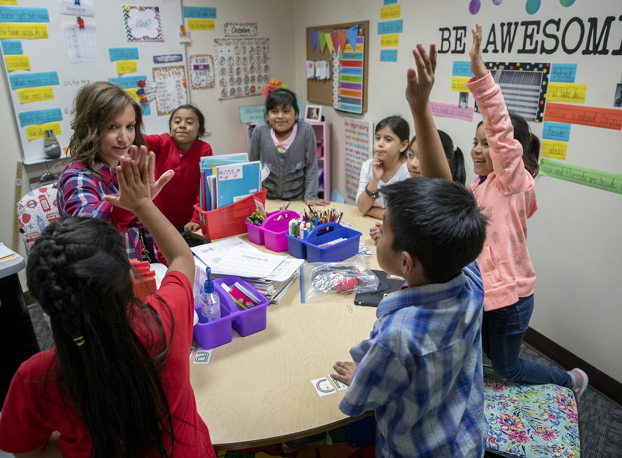 At Prairie Elementary in Worthington, teacher Molly Scheidt led her English language class in a converted storage room. The city's schools are bursting at the seams, but voters have consistently rejected more funding.