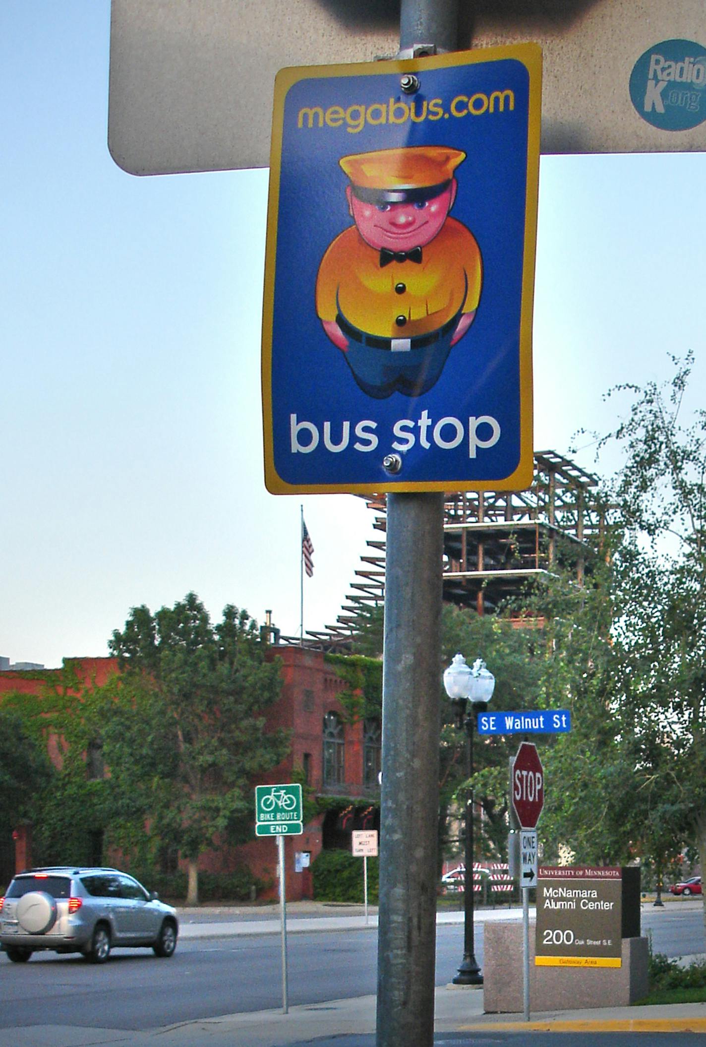 The Megabus stop at the University of Minnesota. Buses leave from Minneapolis four times a day, and stop at Madison, Wisc. or Milwaukee, Wisc. along the way. Minneapolitans can also hop on the Megabus from the Fourth Street Parking Garage