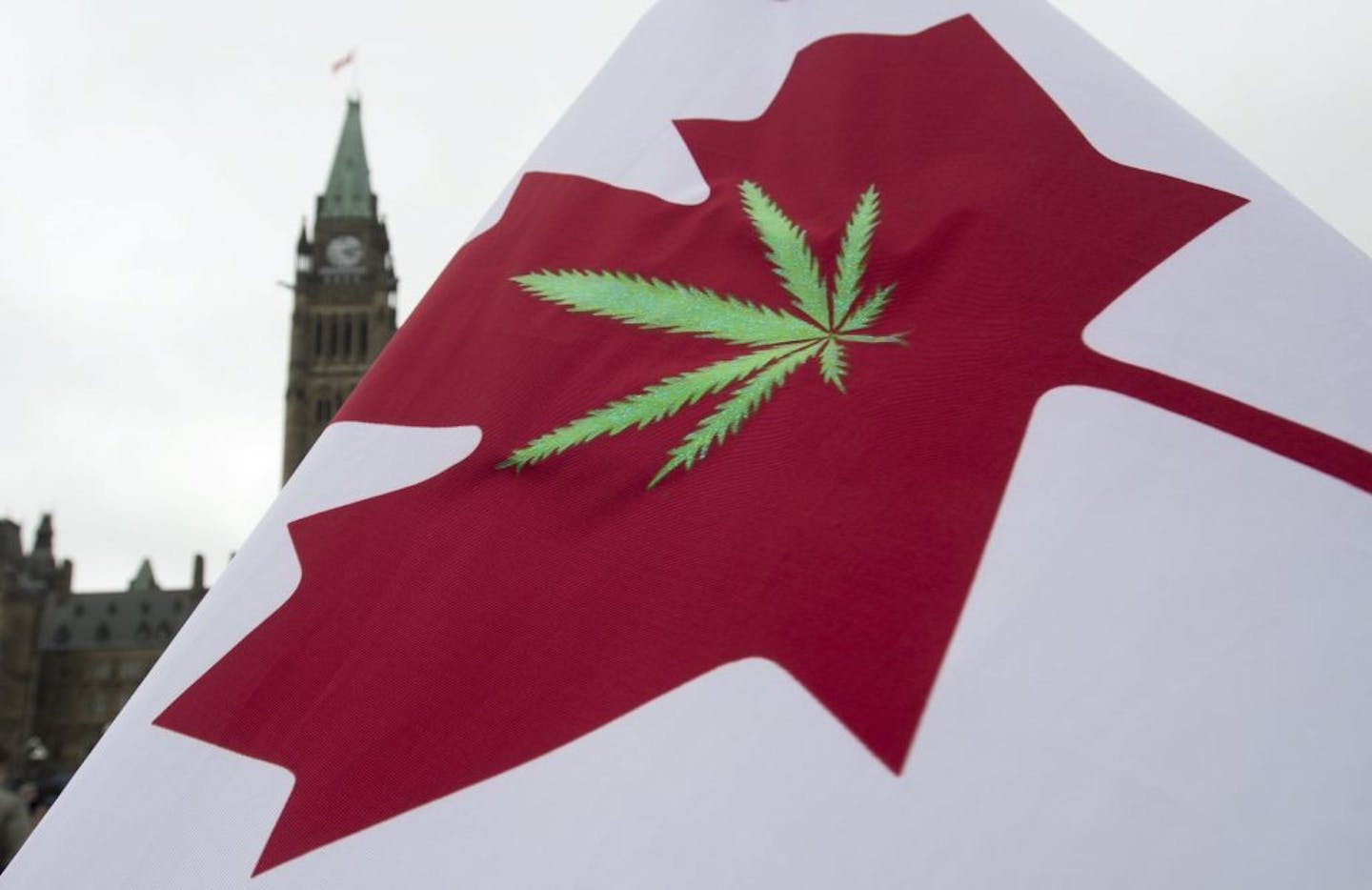 FILE - In this April 20, 2015 file photo, a Canadian flag with a cannabis leaf flies on Parliament Hill during a 4/20 event in Ottawa, Ontario. Another big first for the marijuana industry is in the books: A major Canadian grower, processor and distributor has completed an initial public stock offering in the United States, raising $153 million, just as Canada prepares to legalize the drug nationwide. British Columbia-based Tilray Inc.'s shares began trading Thursday, July 19, 2018, on the Nasda