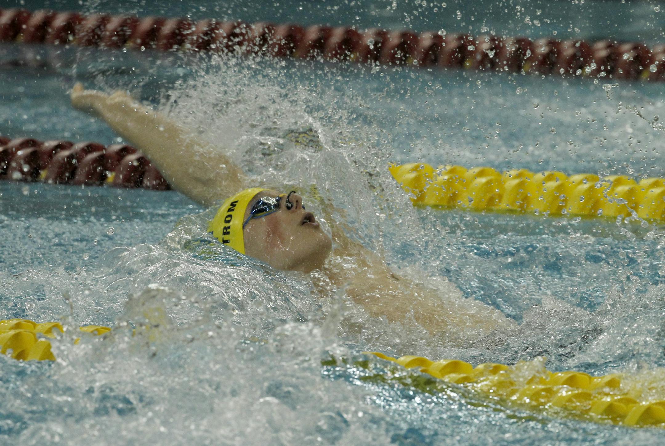 Christopher Carlstrom of Wayzata swims the backstroke during the boys state swimming and diving meet at the University of Minnesota Saturday, March 1, 2014. ( Photo/Ann Heisenfelt) ORG XMIT: 169755 PREP030214swim 1