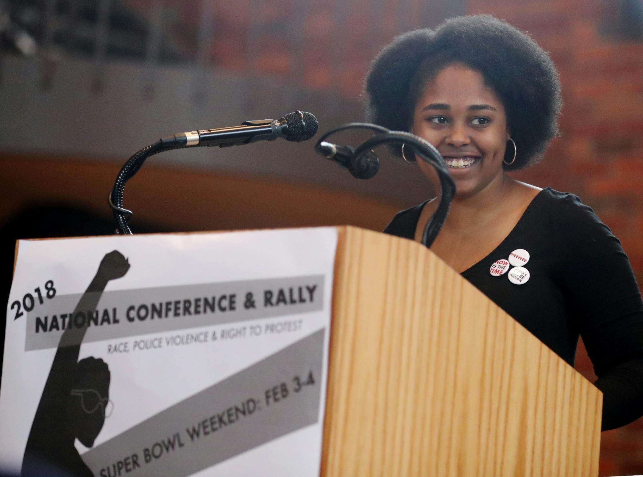 Olivia House, an Augsburg University student and member of the Augsburg women's soccer team, smiles as she receives applause for talking about the importance of her decision to take a knee during the National Anthem as her soccer games during the Take A Knee Nation conference at Foss Center at Augsburg University Saturday, Feb. 3, 2018, in Minneapolis, MN.