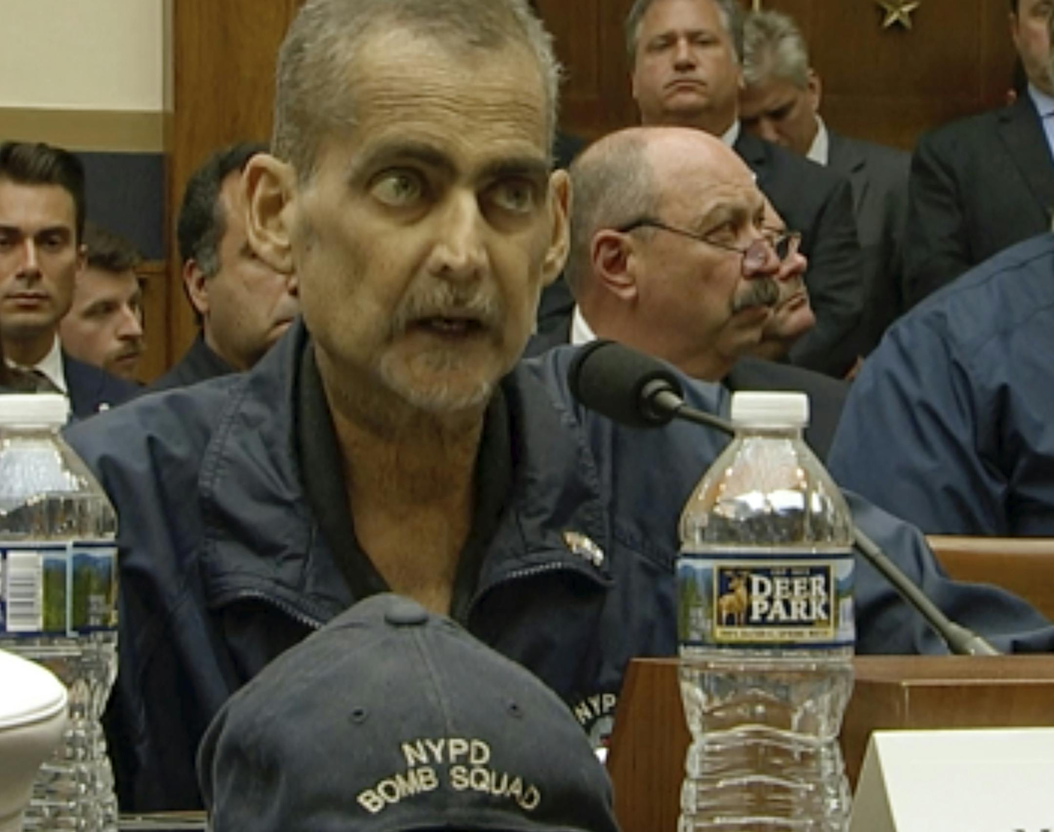This still image taken from video shows Retired NYPD Detective and 9/11 Responder, Luis Alvarez speaks during a hearing by the House Judiciary Committee as it considers permanent authorization of the Victim Compensation Fund, on Capitol Hill in Washington, Tuesday, June 11, 2019. Alvarez, who was a leader in the fight for the Sept. 11 Victims Compensation Fund died Saturday, June 29 at age 53. Alvarez's death from cancer was announced by Chief of Detectives Dermot Shea, who tweeted that Alvarez