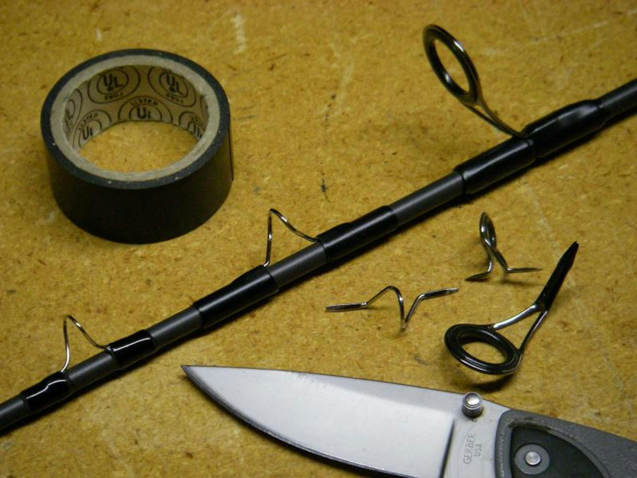 Left to right: Original snake guide and wrap followed by snake & spinning guides taped on.