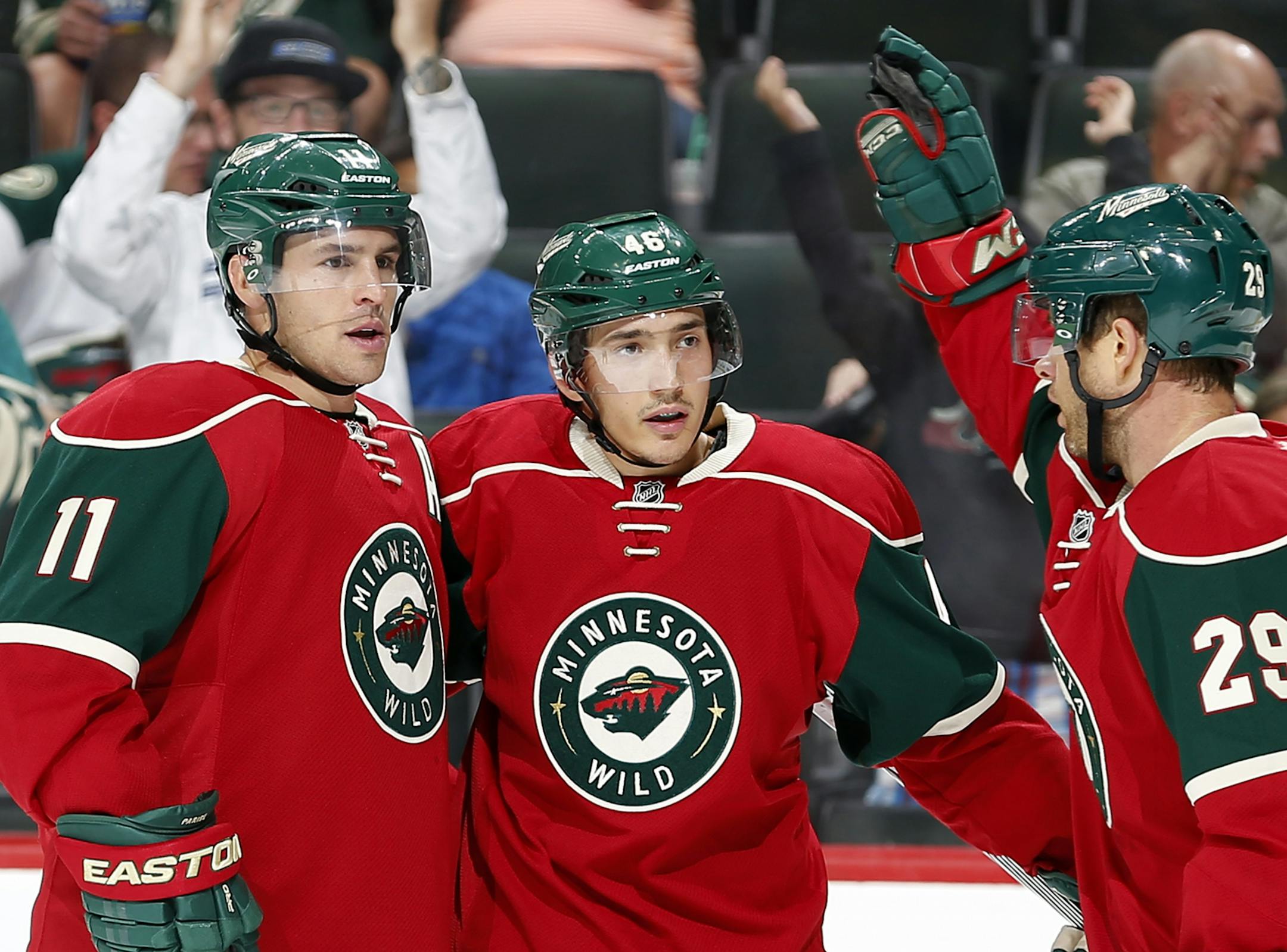 Jared Spurgeon (46) celebrated a goal in the first period with teammates Zach Parise (11) and Jason Pominville (29).