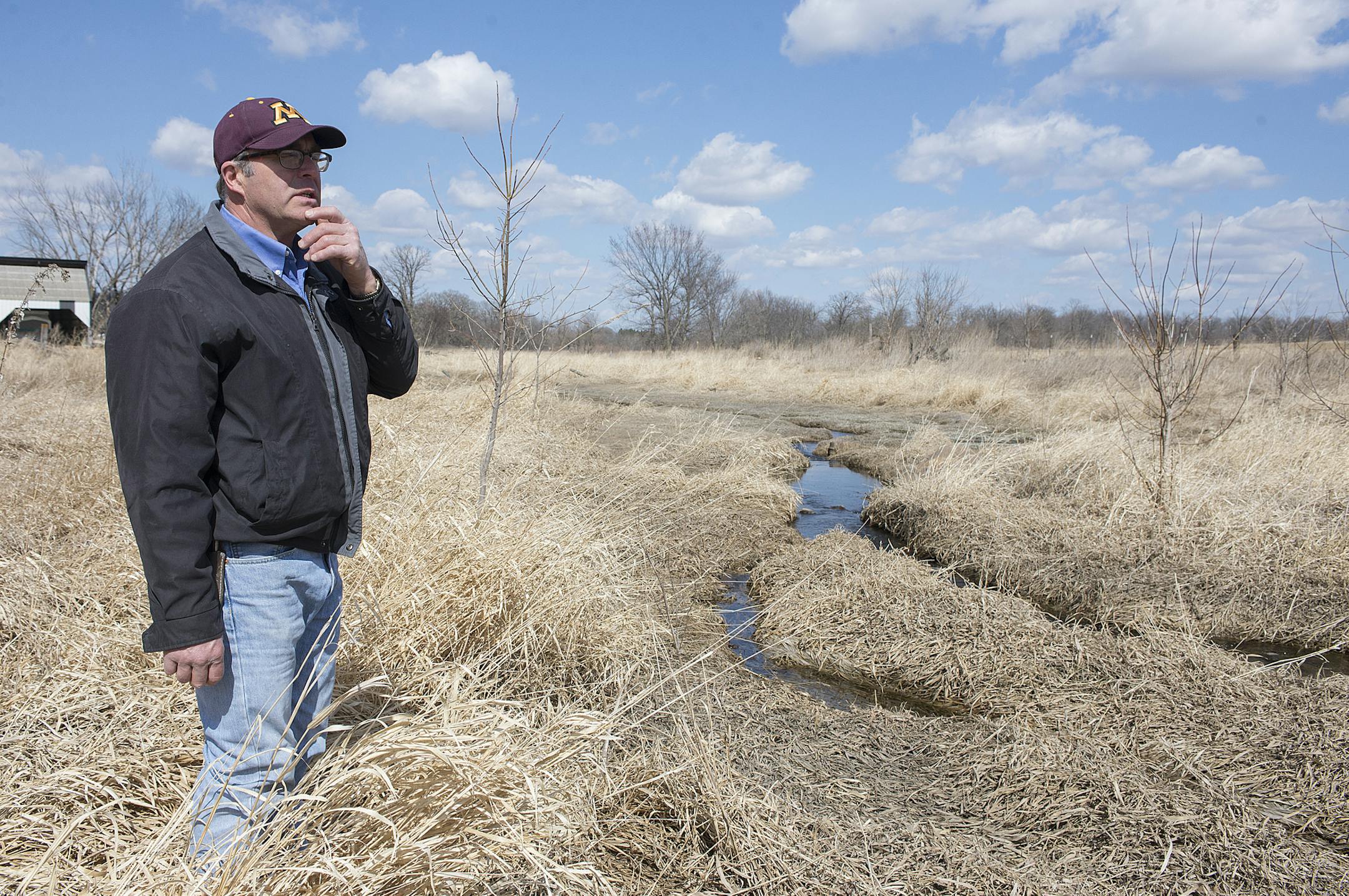 Farmer Darrel Mosel sands on vegetation that makes buffer along a stream that runs though his farm land.] BRIDGET BENNETT SPECIAL TO THE STAR TRIBUNE &#x2022; bridget.bennett@startibune.com Farmer Darrel Mosel at one of his farms in Holdingford, MN on Friday April 10, 2015. On this farm of his the vegetation that he uses as a buffer grows naturally, he didn't have to plant it. Mosel has 4 farms with majority of them having water running though.