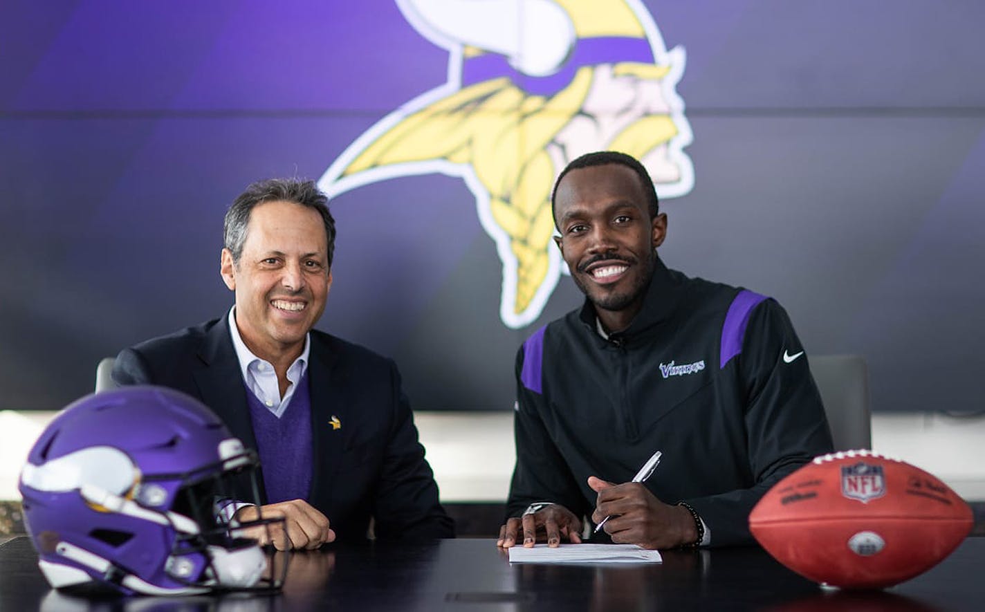 Vikings co-owner Mark Wilf and new team general manager Kwesi Adofo-Mensah on Wednesday when the team announced the hiring of the former Browns executive.