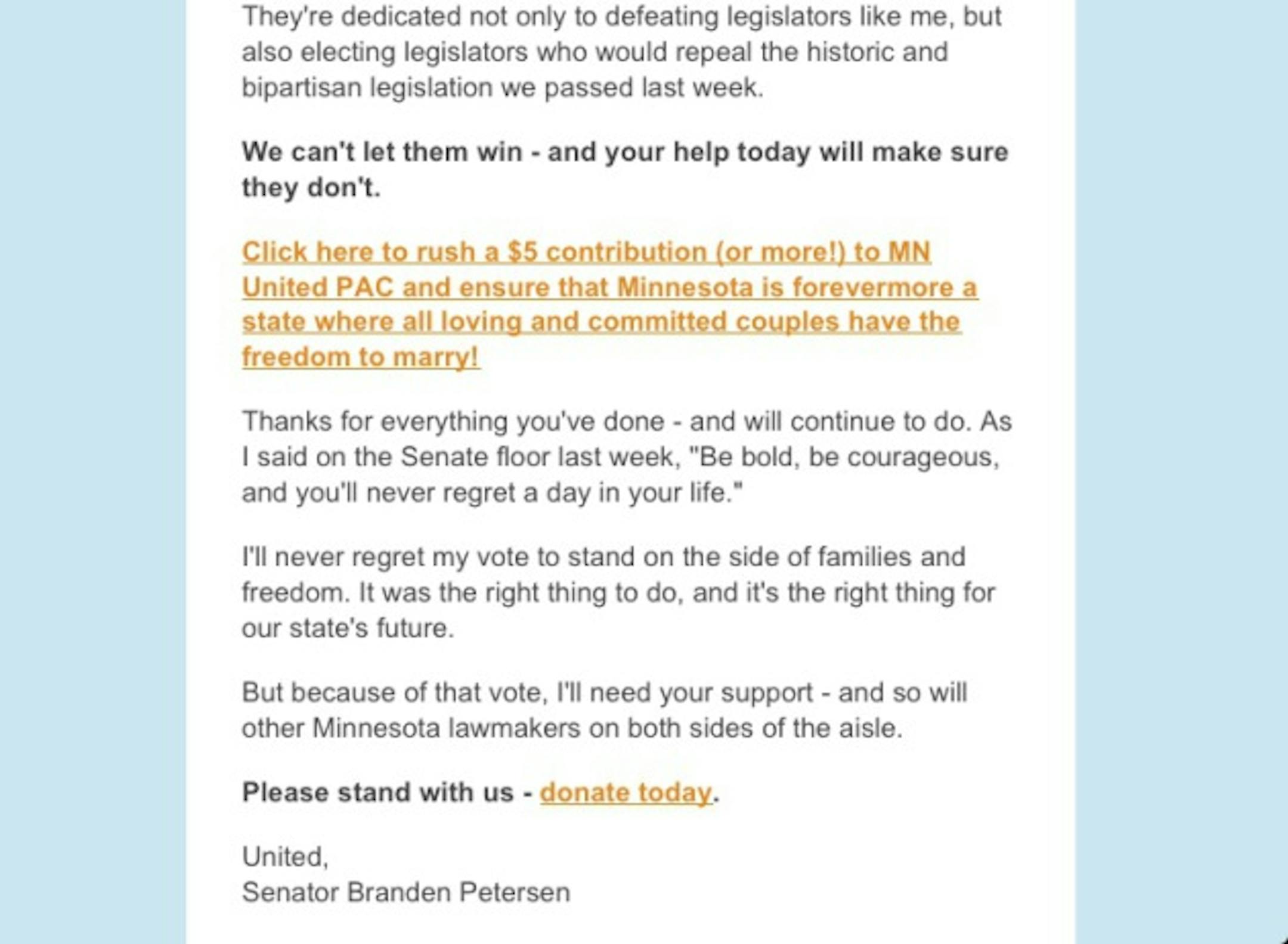 Petersen's May 21st fundraising letter for MN United PAC