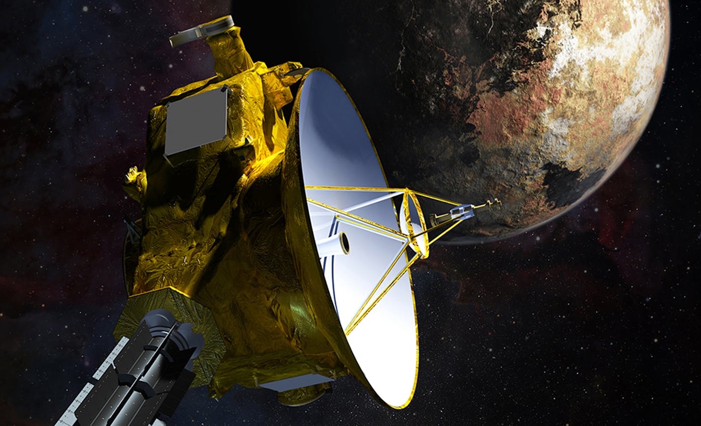 An artist's vision of NASA's New Horizons spacecraft during its upcoming visit to Pluto and Pluto's largest moon, Charon. The probe was launched in 2006.