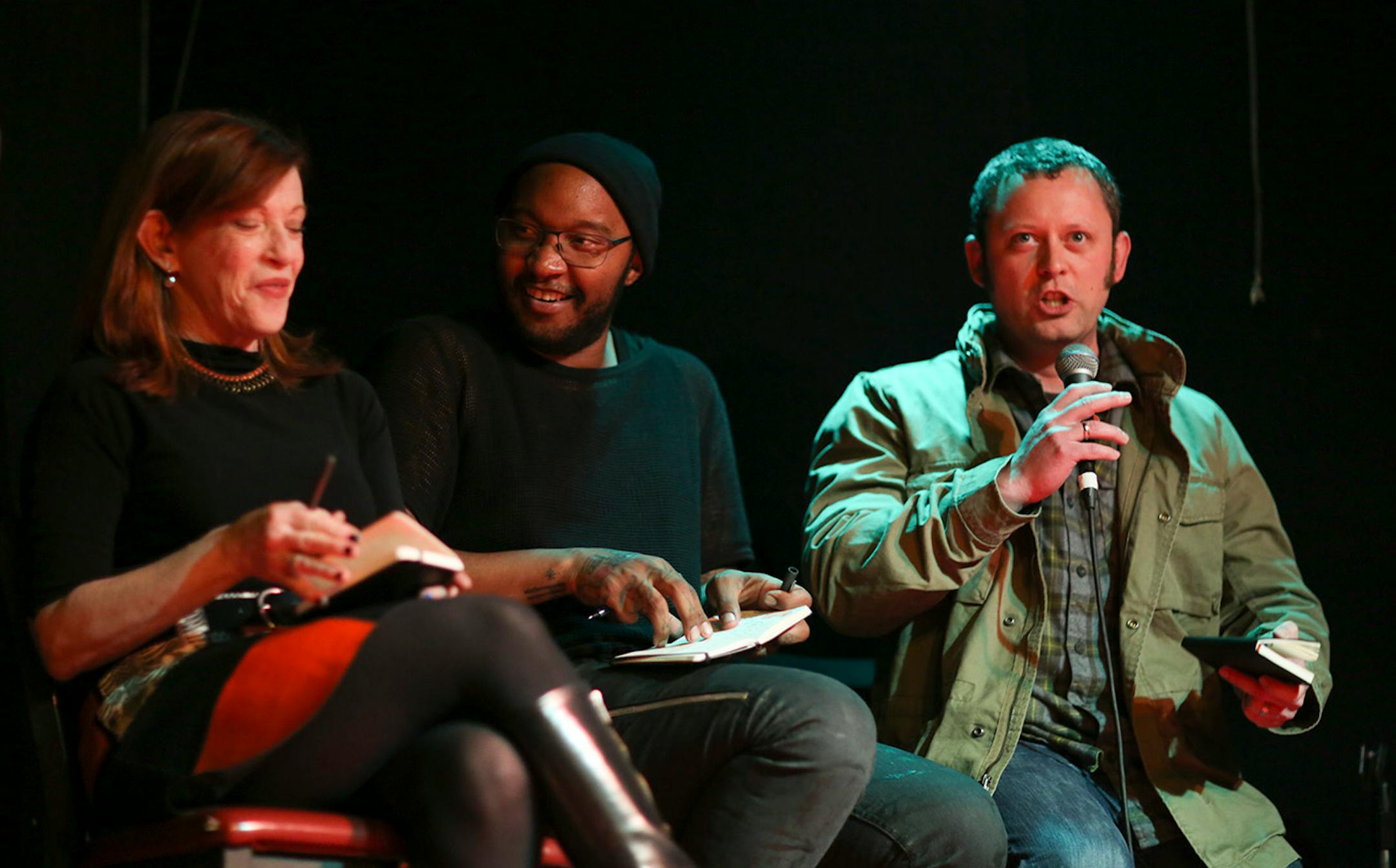 Judges Susan Orlean, Stefon Alexander, better known by his stage name P.O.S, and Benjamin Percy, from left, were the judges at the Literary Death Match Wednesday night at Nomad World Pub. Percy was tasked with commenting on the literary merit of each reading. Orlean is a New Yorker staff writer and author of the Orchid Thief. Alexander is a founding member of the local hip hop collective Doomtree. Percy is the author of The Dead Lands and The Wilding. ] JEFF WHEELER ï jeff.wheeler@startribune.co