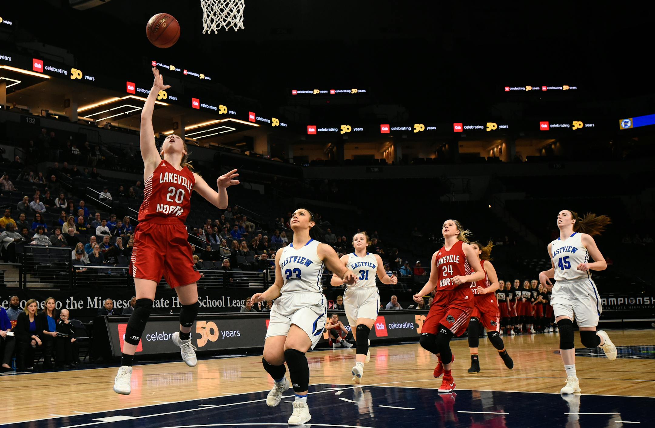 Lakeville North guard Analiese Tschida (20) scored a layup off a breakaway in the first half against Eastview. ] AARON LAVINSKY ï aaron.lavinsky@startribune.com Lakeville North played Eastview in a Class 4A semifinal game on Thursday, March 15, 2018 at Target Center in Minneapolis, Minn.