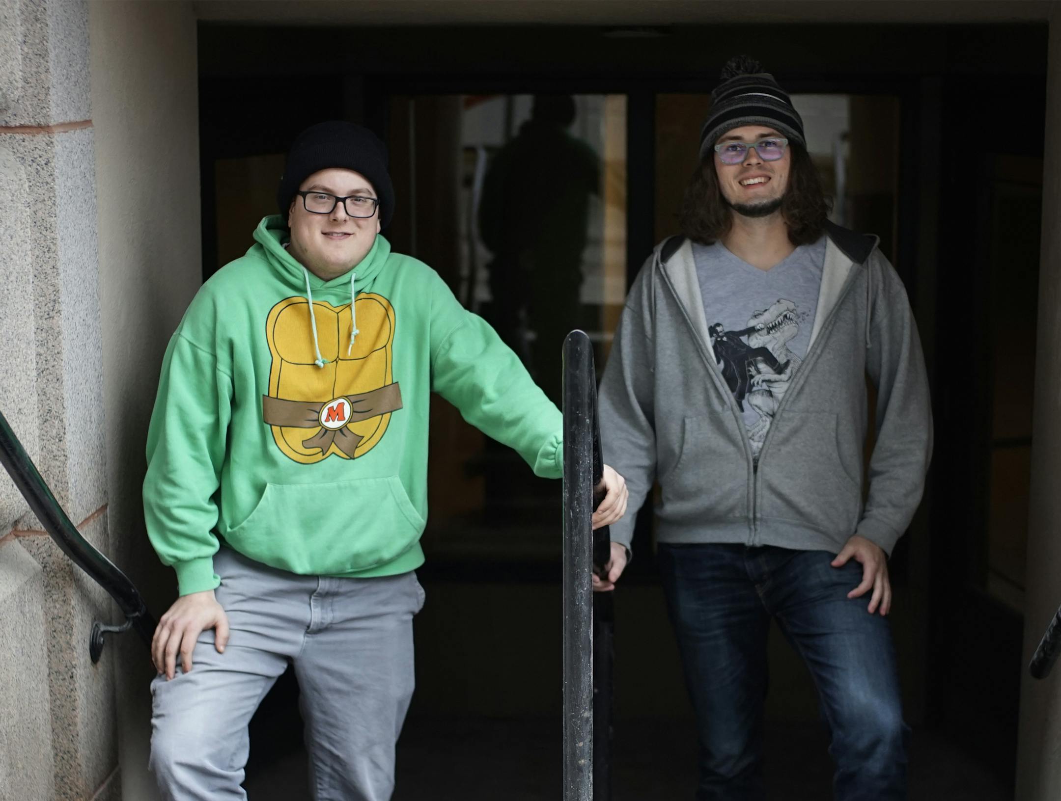Karl Eicher(green) an Elliot Grosse stand in front of of the entrance of their sampling room. They are cofounders of Twelve Eyes, a microbrewery is being built in the Pioneer-Endicott building in downtown St. Paul .] RICHARD TSONG-TAATARII • richard.tsong-taatarii@startribune.com
