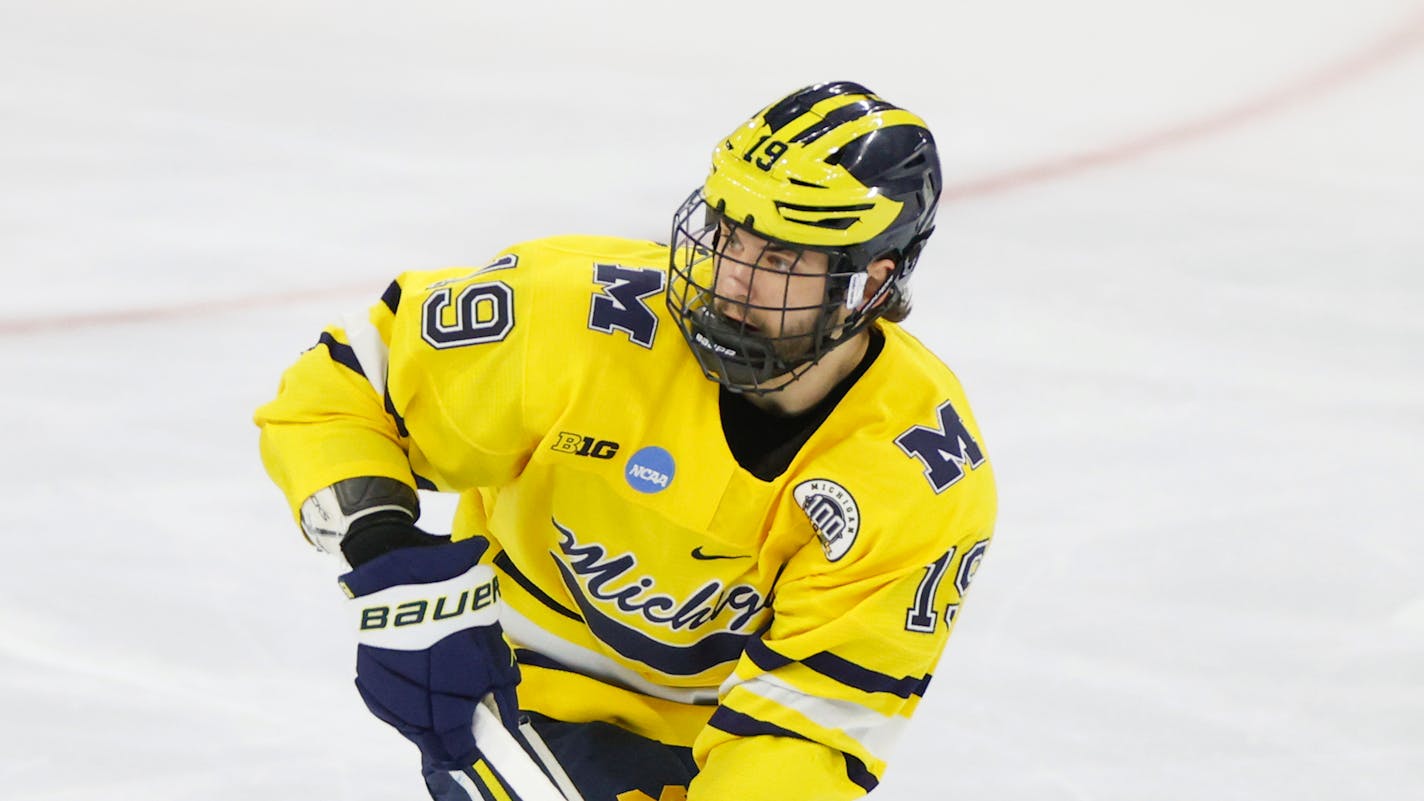 Michigan's Adam Fantilli skates against Colgate during an NCAA hockey game on Friday, March 24, 2023 Allentown, Penn. (AP Photo/Jason E. Miczek)