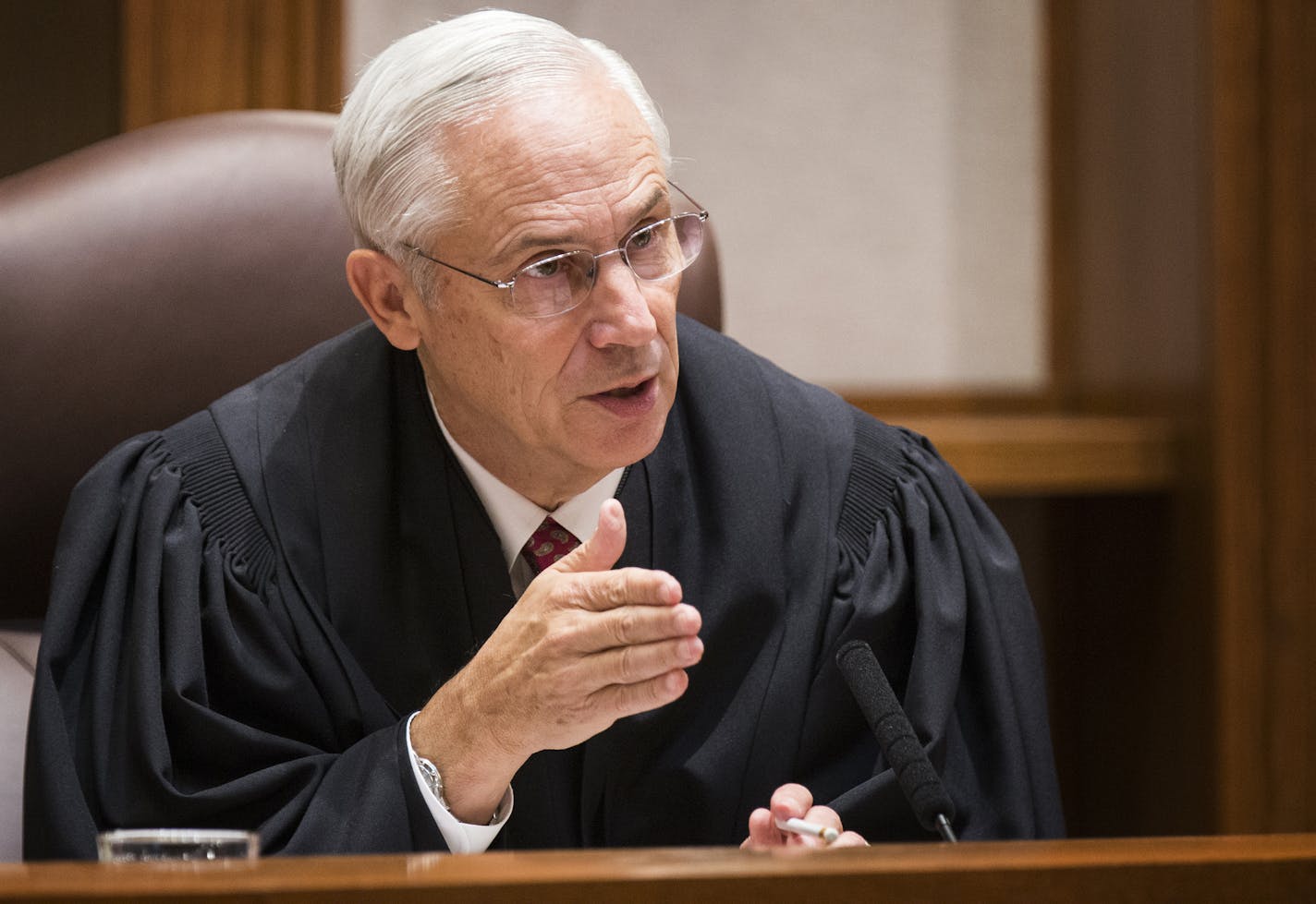 File - In this Sept. 3, 2015 file photo, Associate Justice Christopher Dietzen of the Minnesota Supreme Court speaks during an appeal hearing in St. Paul, Minn. Minnesota Supreme Court Justice Christopher Dietzen is resigning at the end of August, which gives Democratic Gov. Mark Dayton the opportunity to appoint a majority on the seven-member court. (Leila Navidi/Star Tribune via AP, Pool, File)