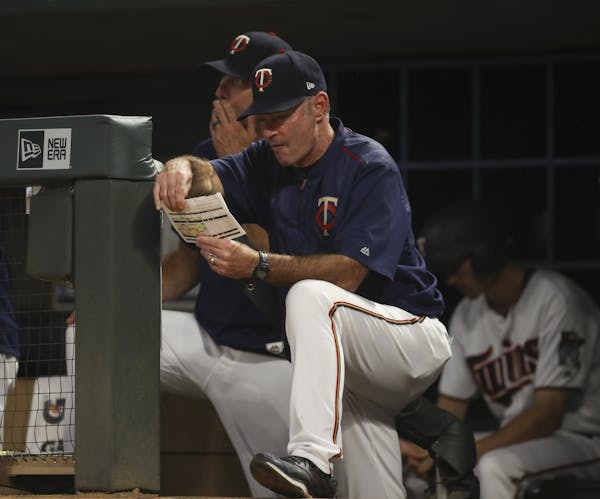 Twins manager Paul Molitor pondered his lineup during a game this month. Managers and other team personnel are loaded with statistical information.