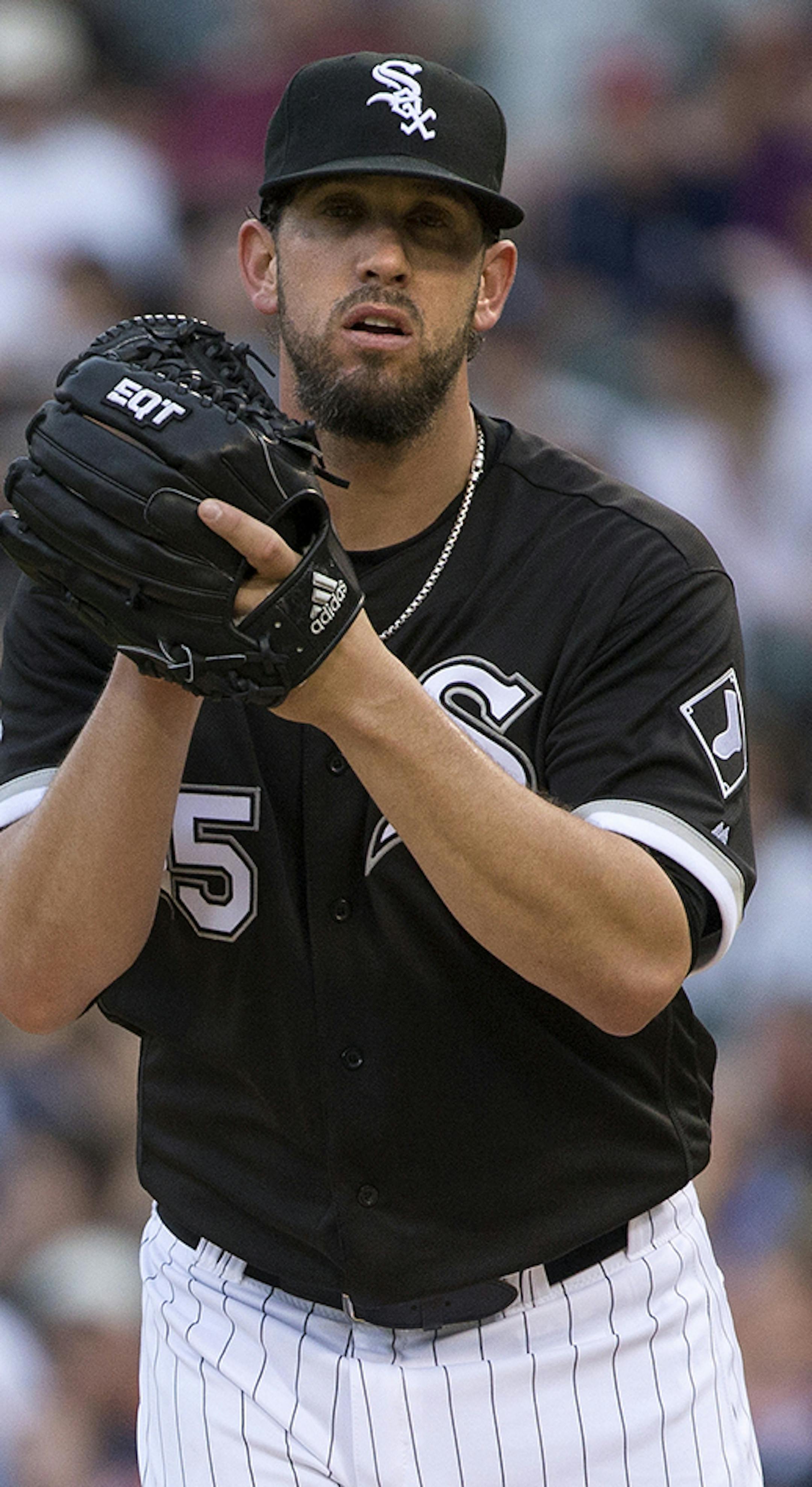 Chicago White Sox starting pitcher James Shields (25) watches Detroit Tigers first baseman Miguel Cabrera (24) on third base during the first inning on Monday, June 13, 2016, at U.S. Cellular Field in Chicago. (Erin Hooley/Chicago Tribune/TNS) ORG XMIT: 1186060 ORG XMIT: MIN1606132208201612